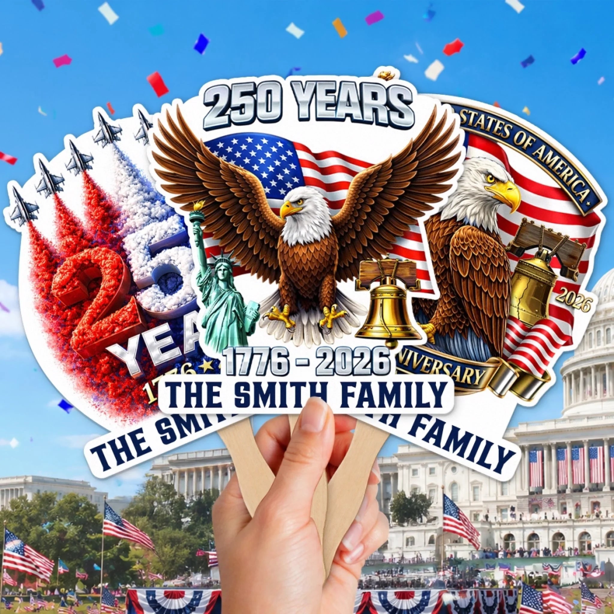 Custom Hand Fan Personalized America 250th Anniversary Gift for Mom Dad Siblings and Kids