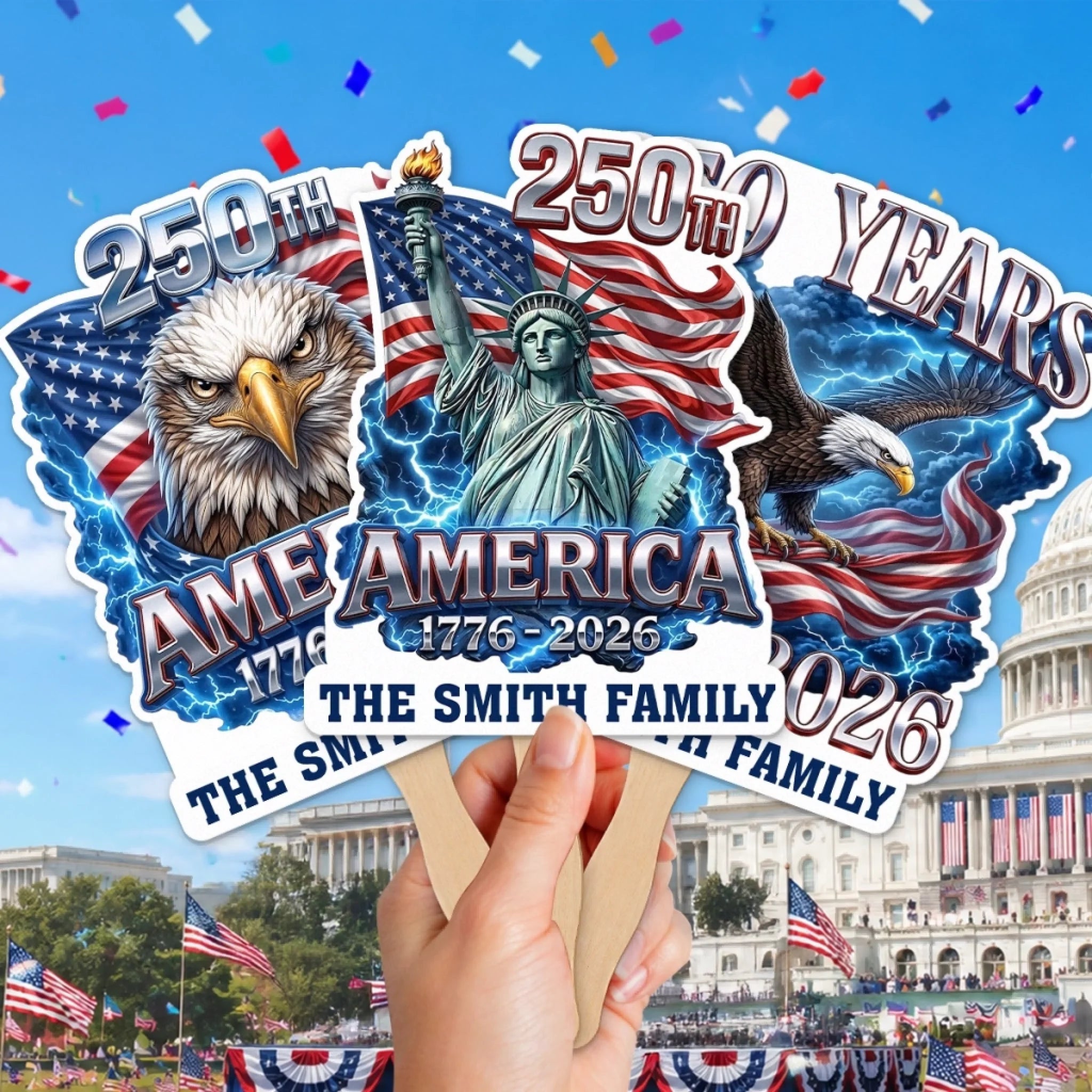 Custom Hand Fan Personalized America 250th Anniversary Gift for Mom Dad Siblings and Kids