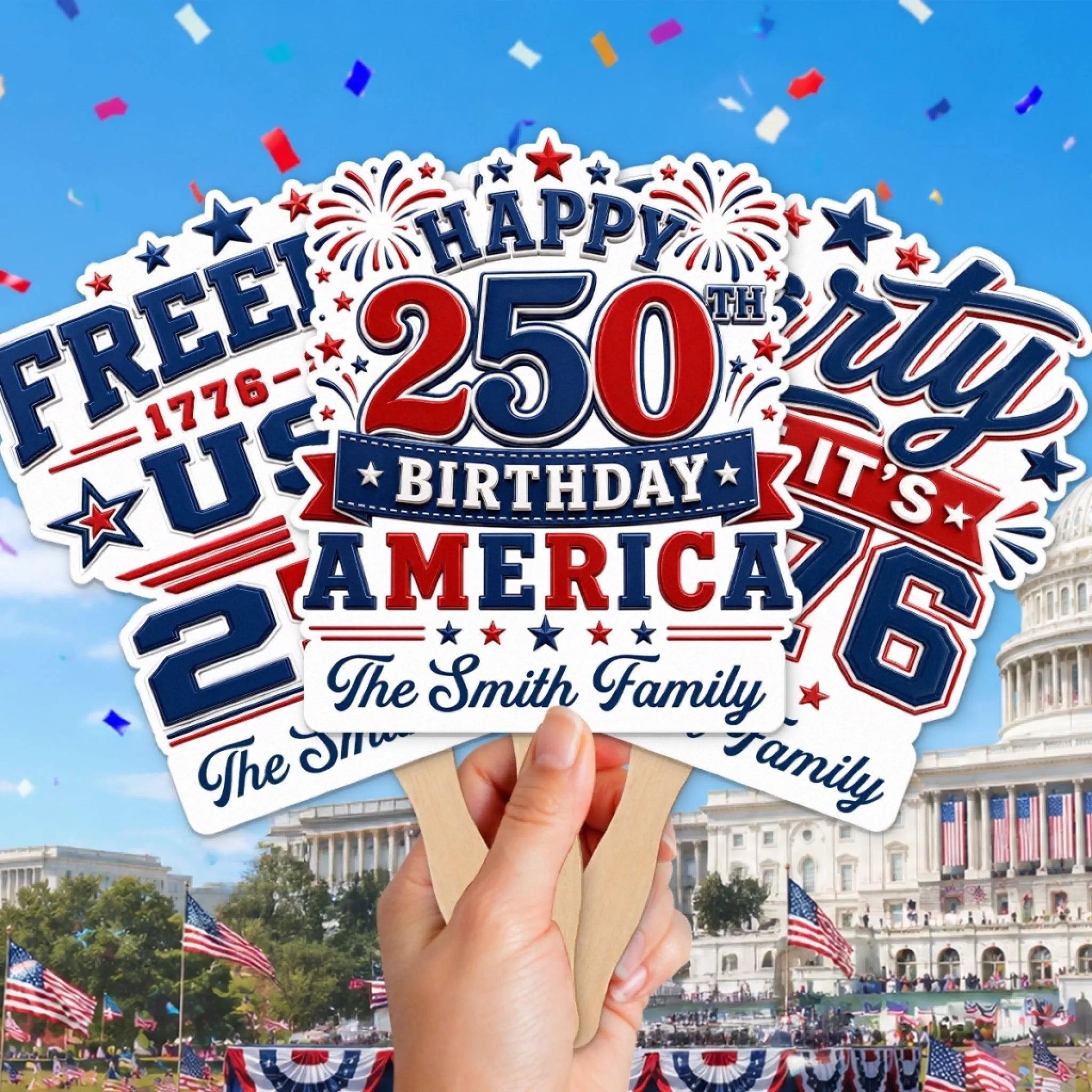 Custom Hand Fan Personalized America 250th Anniversary Gift for Mom Dad Siblings and Kids