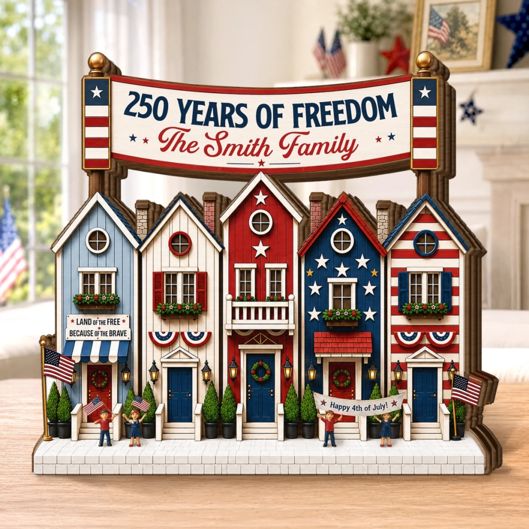 Custom Thick Wooden Plaque Personalized America 250th Anniversary Gift with Stars Stripes and Family Roots