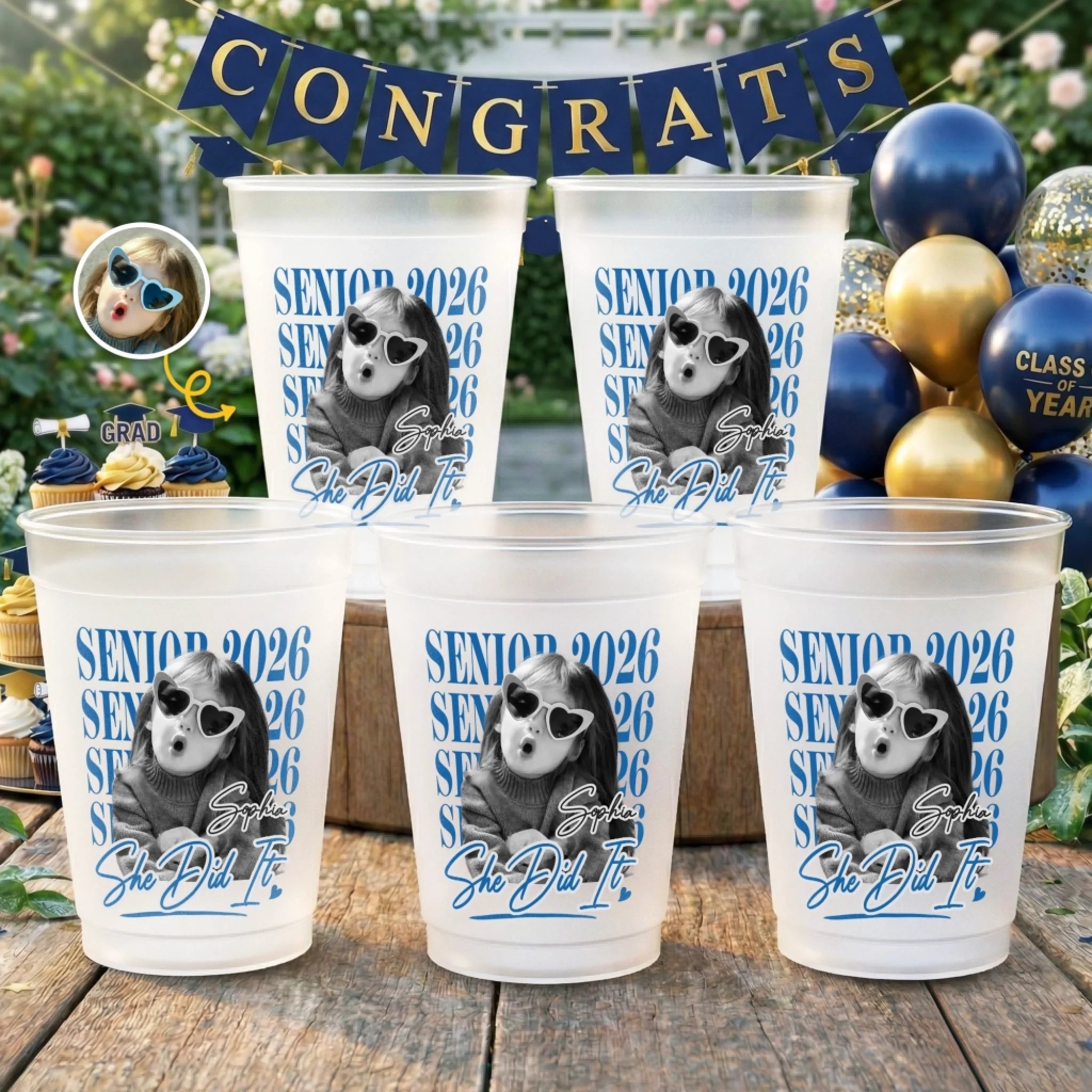 Custom Photo Graduation Plastic Cups, Personalized She Came She Slayed Gift for Him or Her