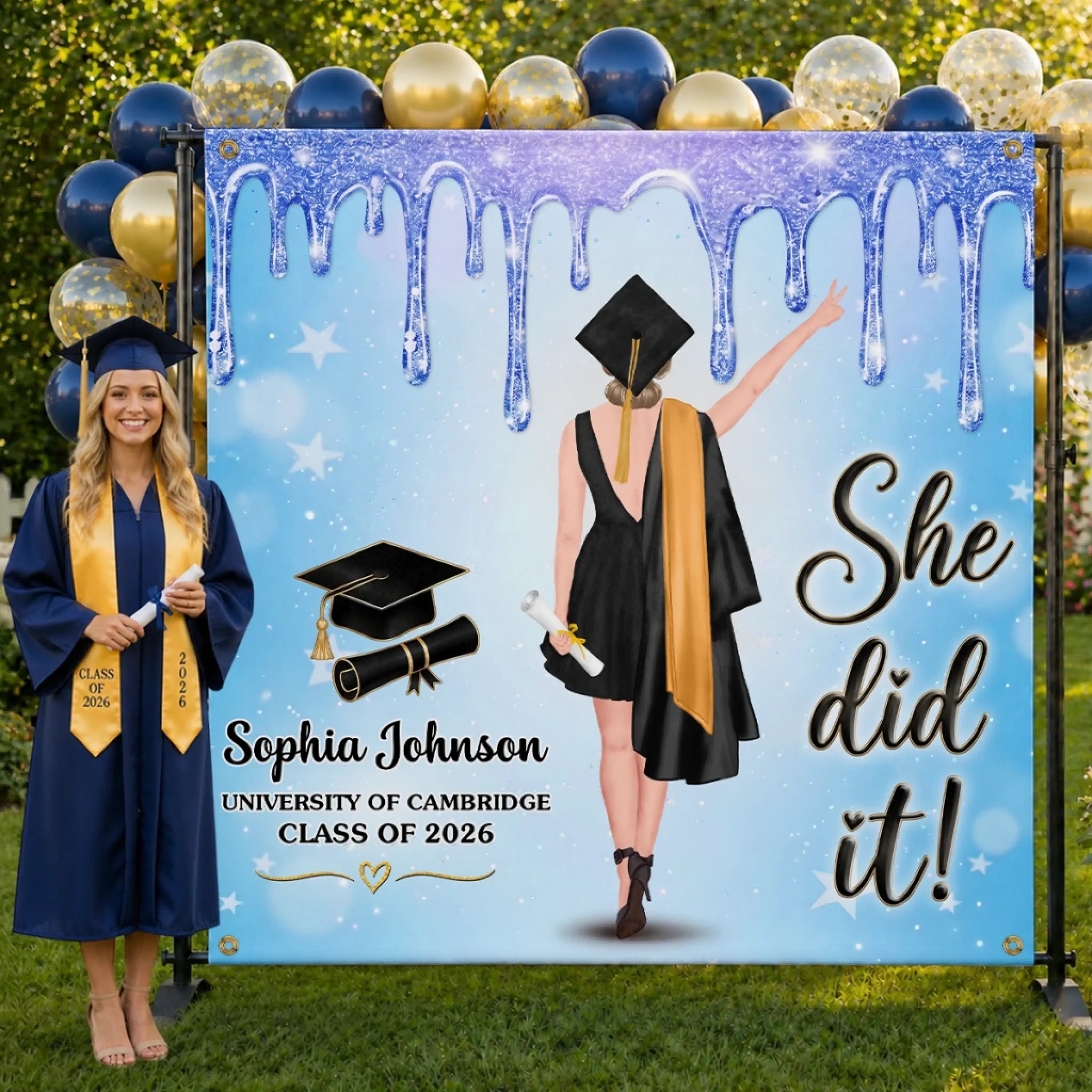 Custom Graduation Backdrop Personalized Gift for Him or Her She Came She Slayed She Graduated