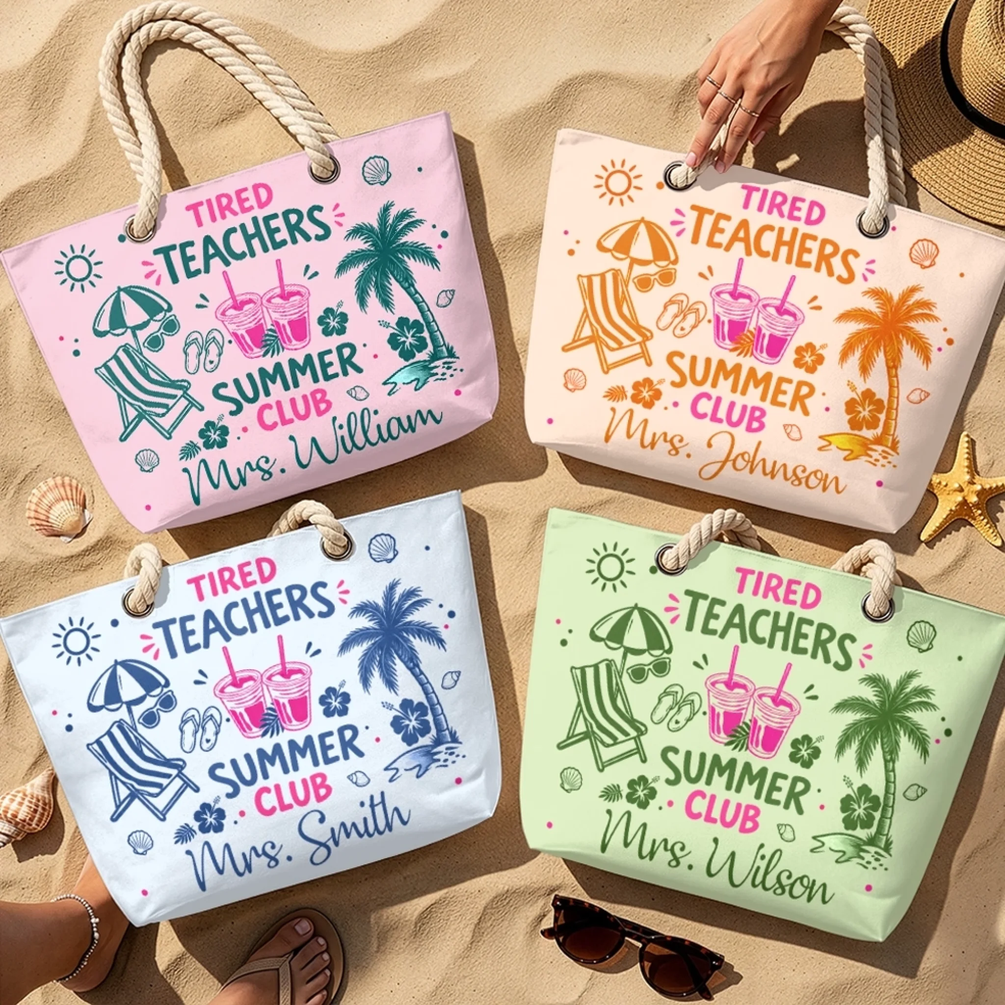 Custom Beach Tote Bag Personalized Teacher Off Duty Summer Vacation Travel Gift