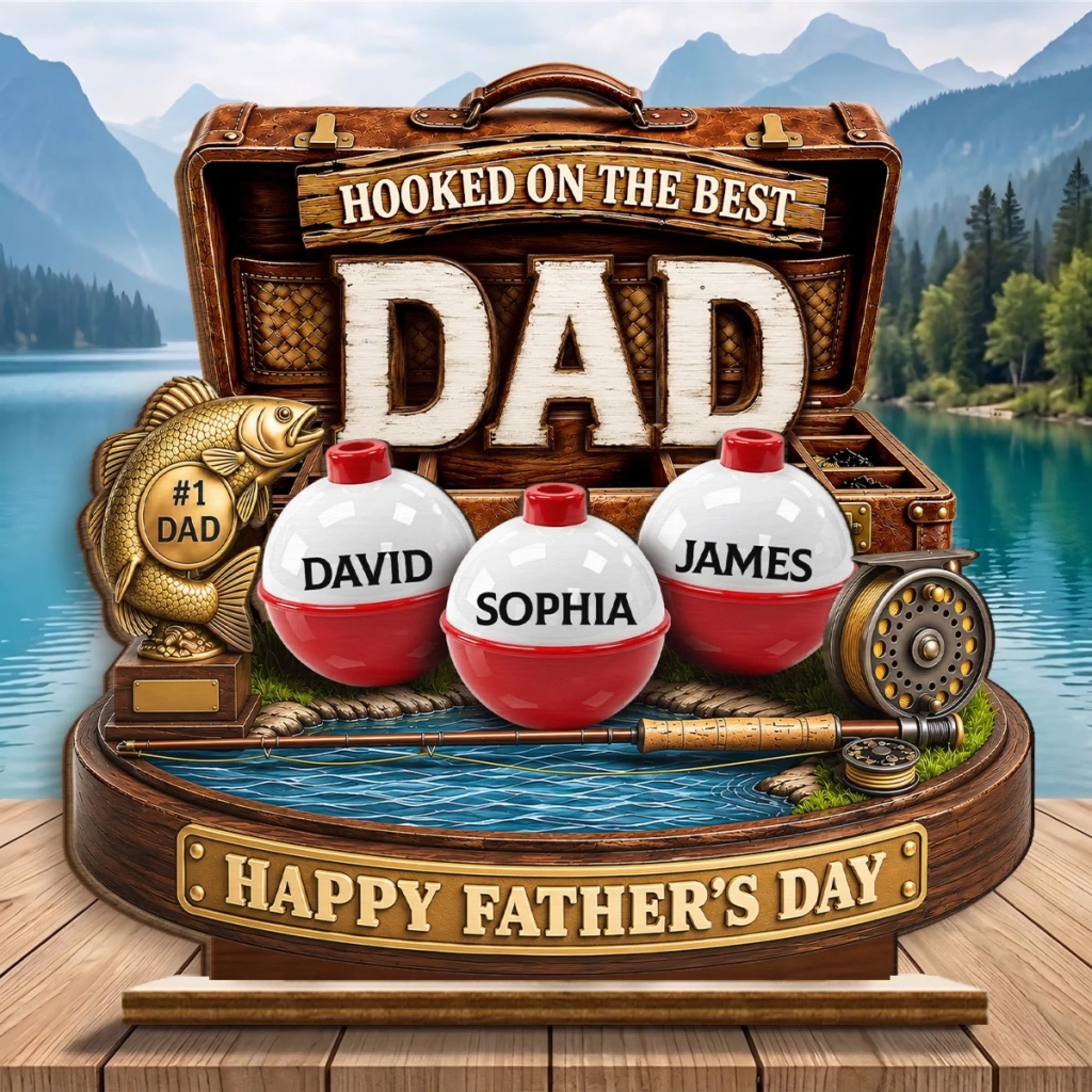 Custom 2-Layered Wooden Plaque Personalized Father's Day Fishing Gift for Dad Grandpa Fisherman