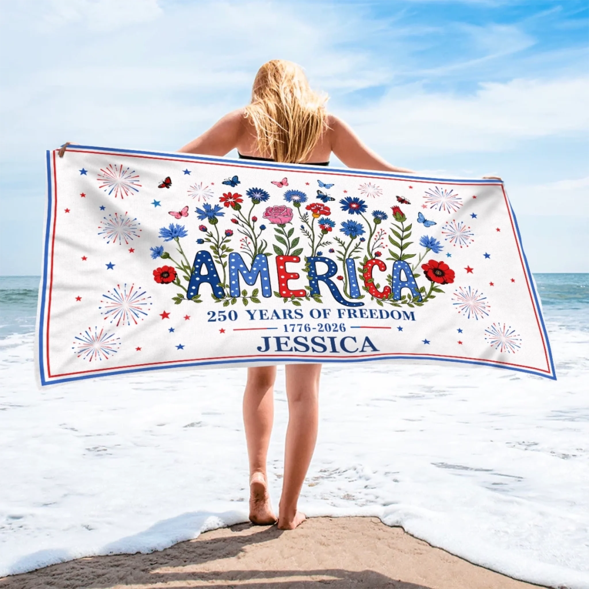 Personalized America 250th Anniversary Beach Towel, Stars Stripes Summer Vacation Gift
