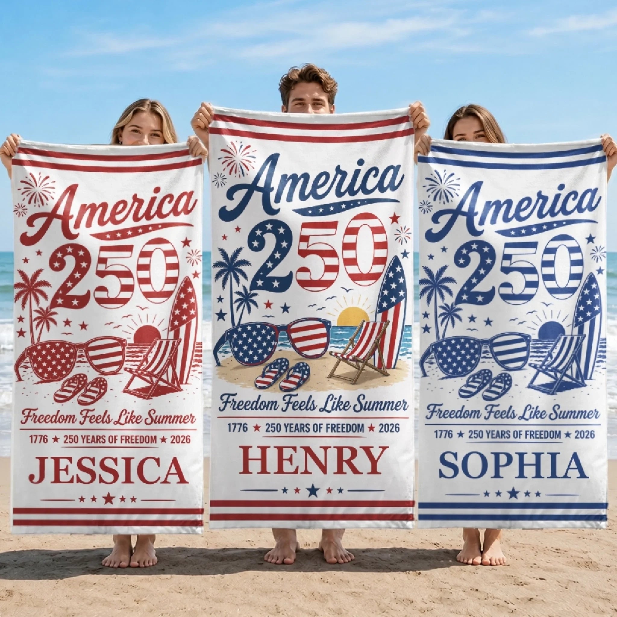 Custom Beach Towel Personalized America 250th Anniversary Born Free Beach Bound Gift
