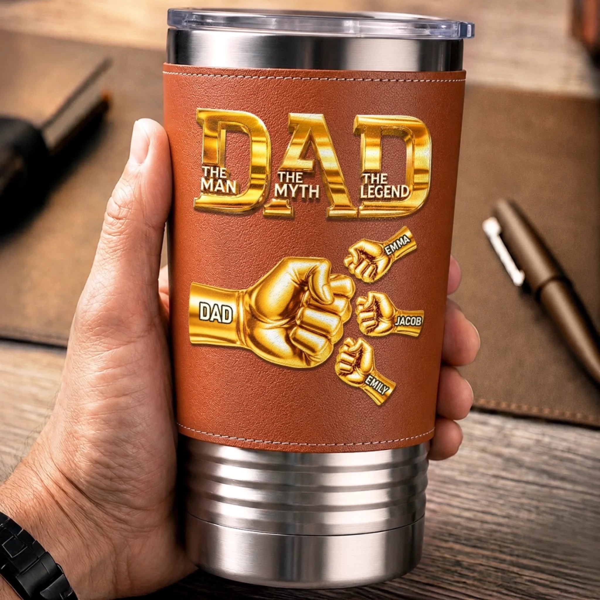 Custom Printed Leather Tumbler Personalized Father's Day Birthday Gift for Dad or Grandpa Everyday Hero