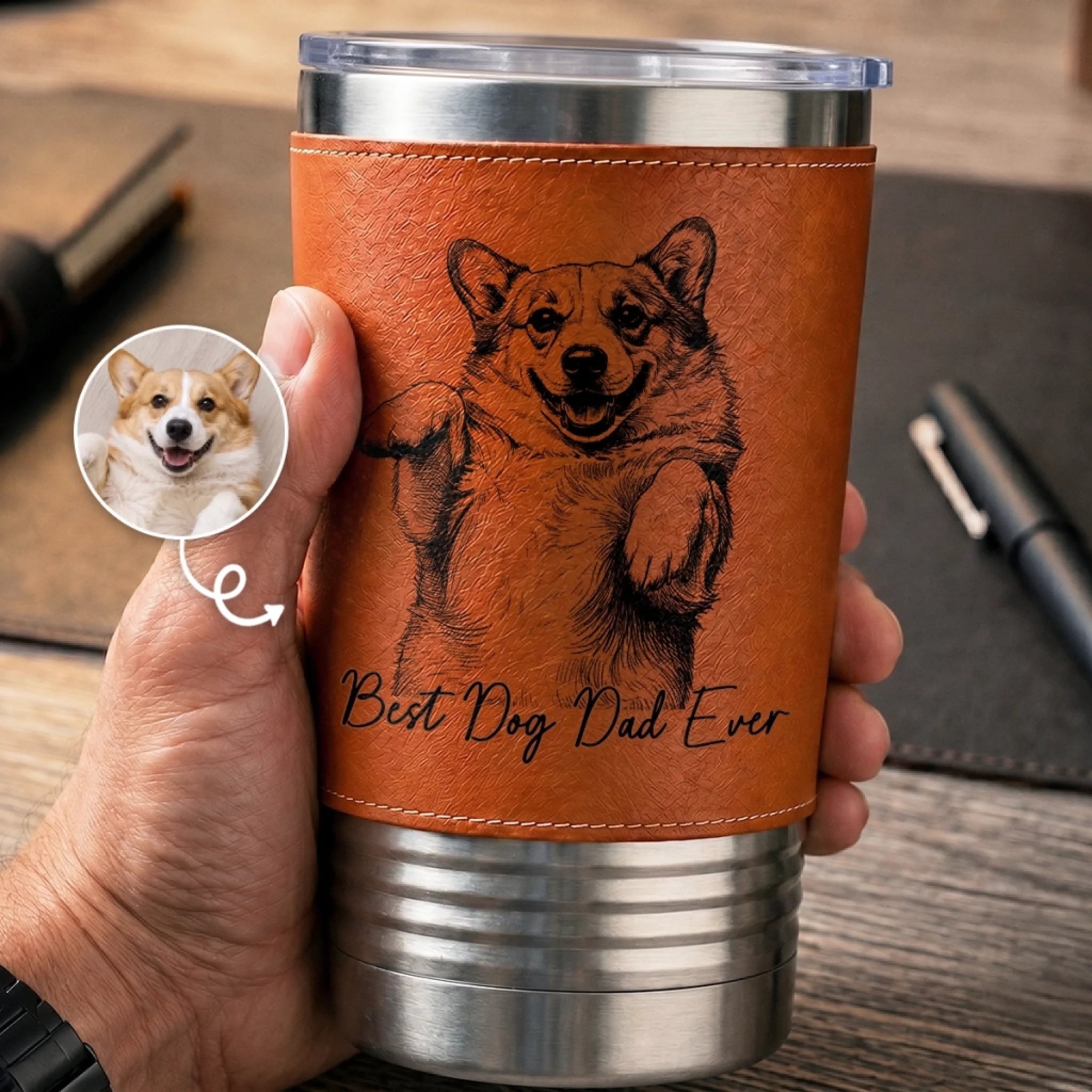 Custom Photo Printed Leather Tumbler Personalized Father's Day Birthday Gift for Dog and Cat Lovers