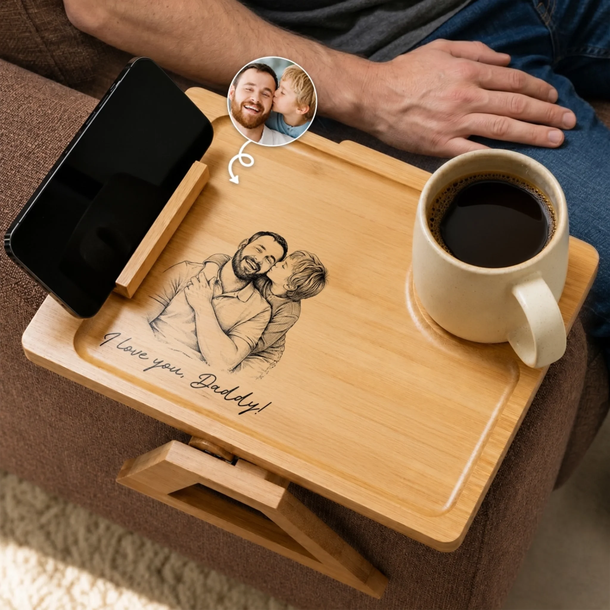 Custom Photo Wooden Couch Arm Table, Personalized Father's Day or Birthday Gift for Dad and Grandpa