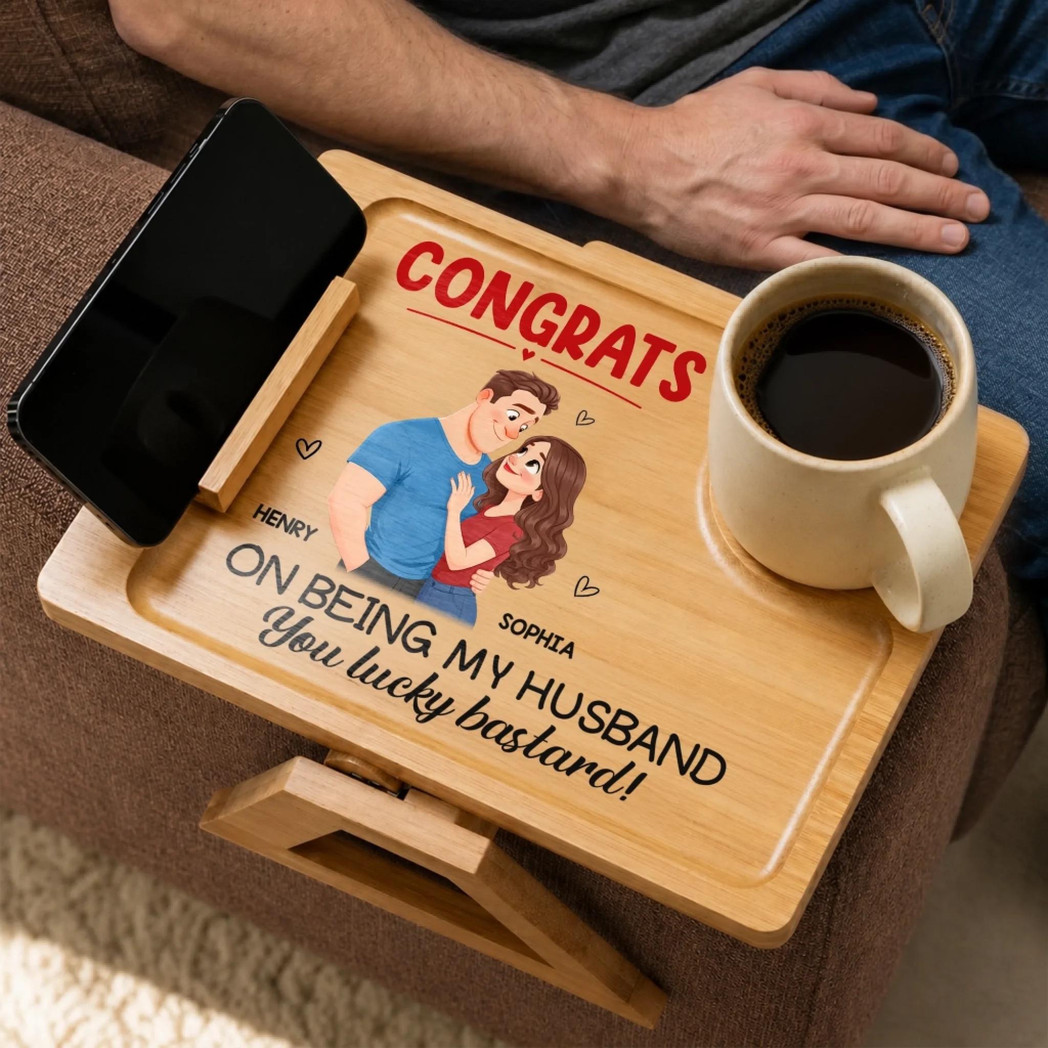 Custom Wooden Couch Arm Table, Personalized Anniversary or Wedding Gift for Husband and Wife