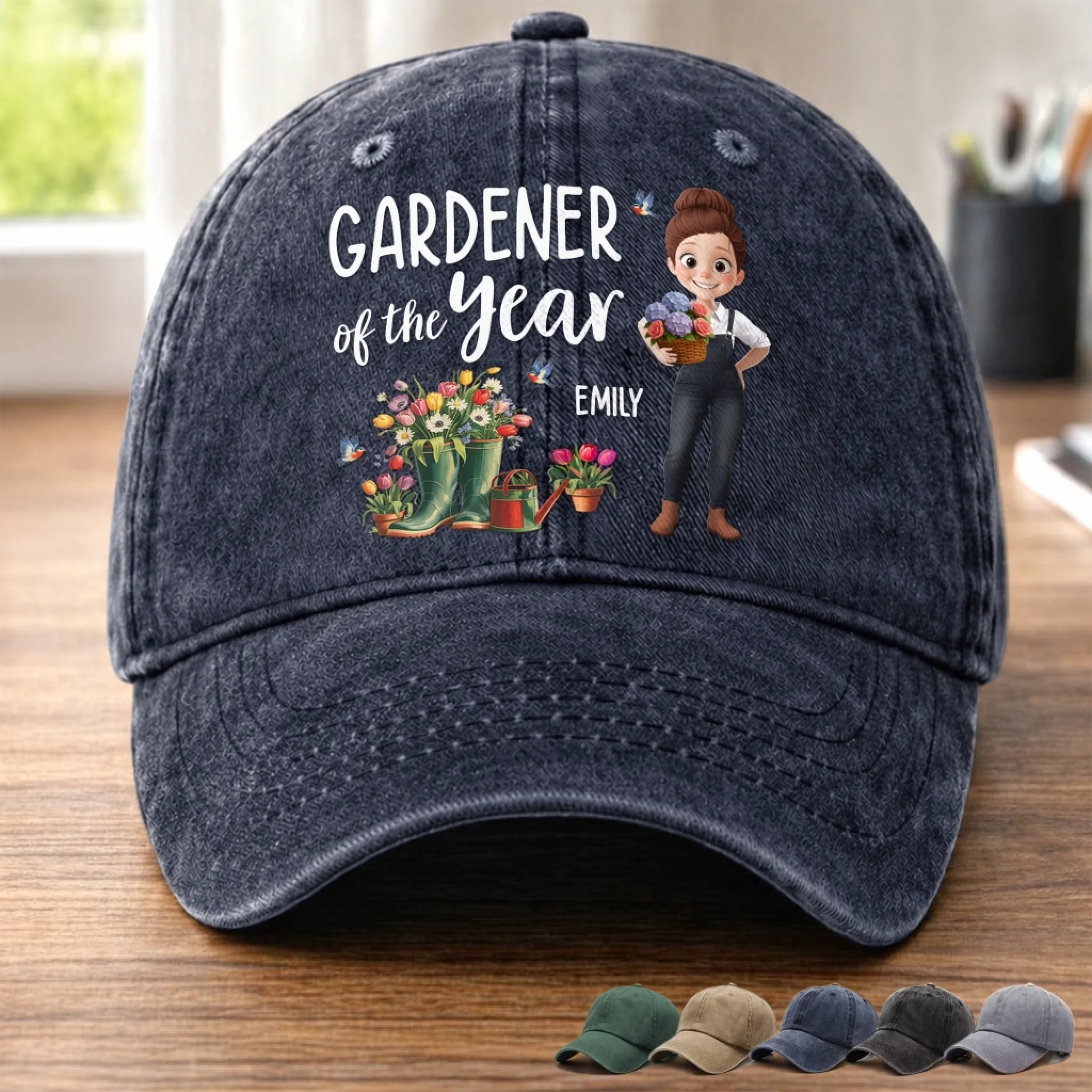 Custom Vintage Washed Denim Baseball Cap, Personalized Garden Birthday Gift for Gardeners
