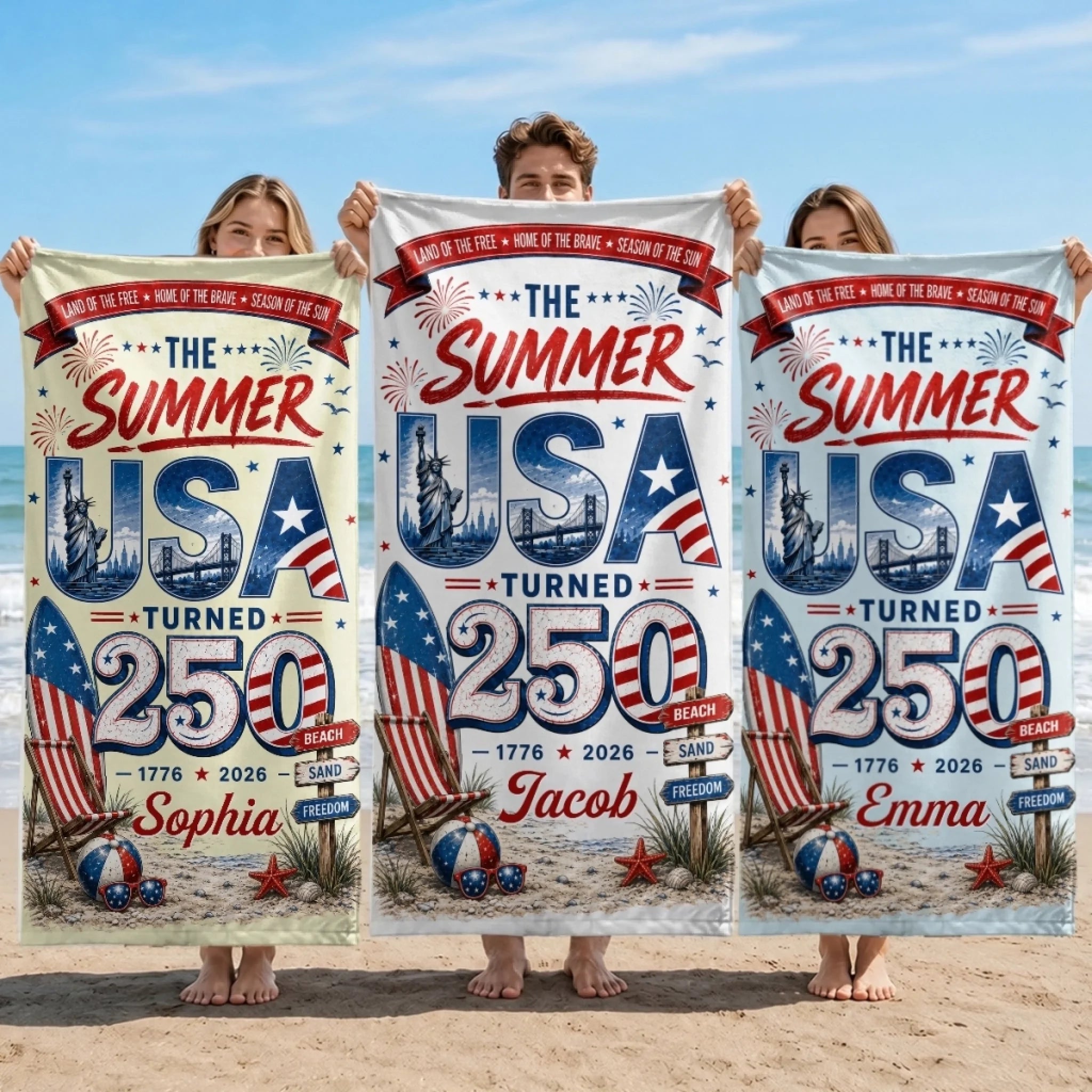 Custom Beach Towel Personalized America 250th Anniversary Summer Vacation Travel Gift for Family