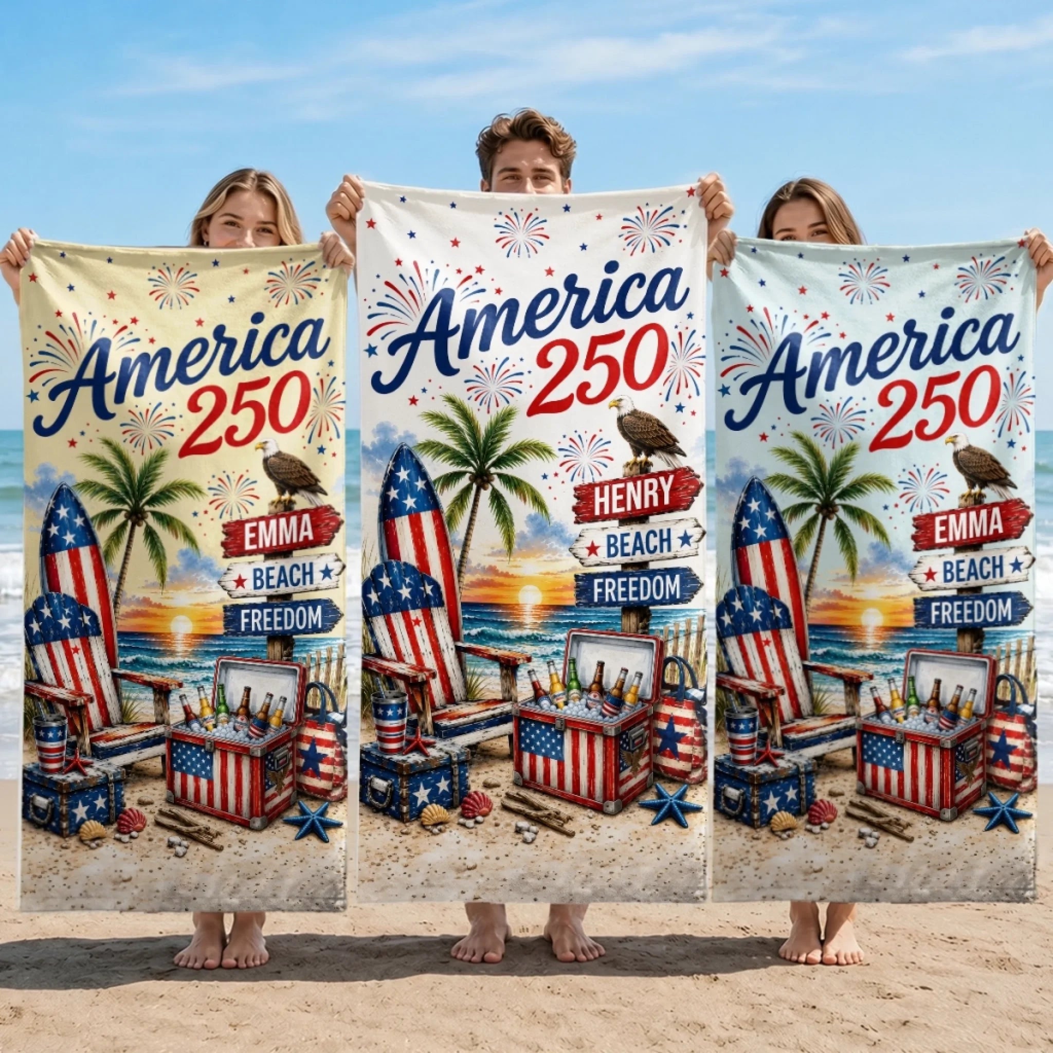 Custom Beach Towel Personalized America 250th Anniversary Stars Stripes Summer Travel Gift