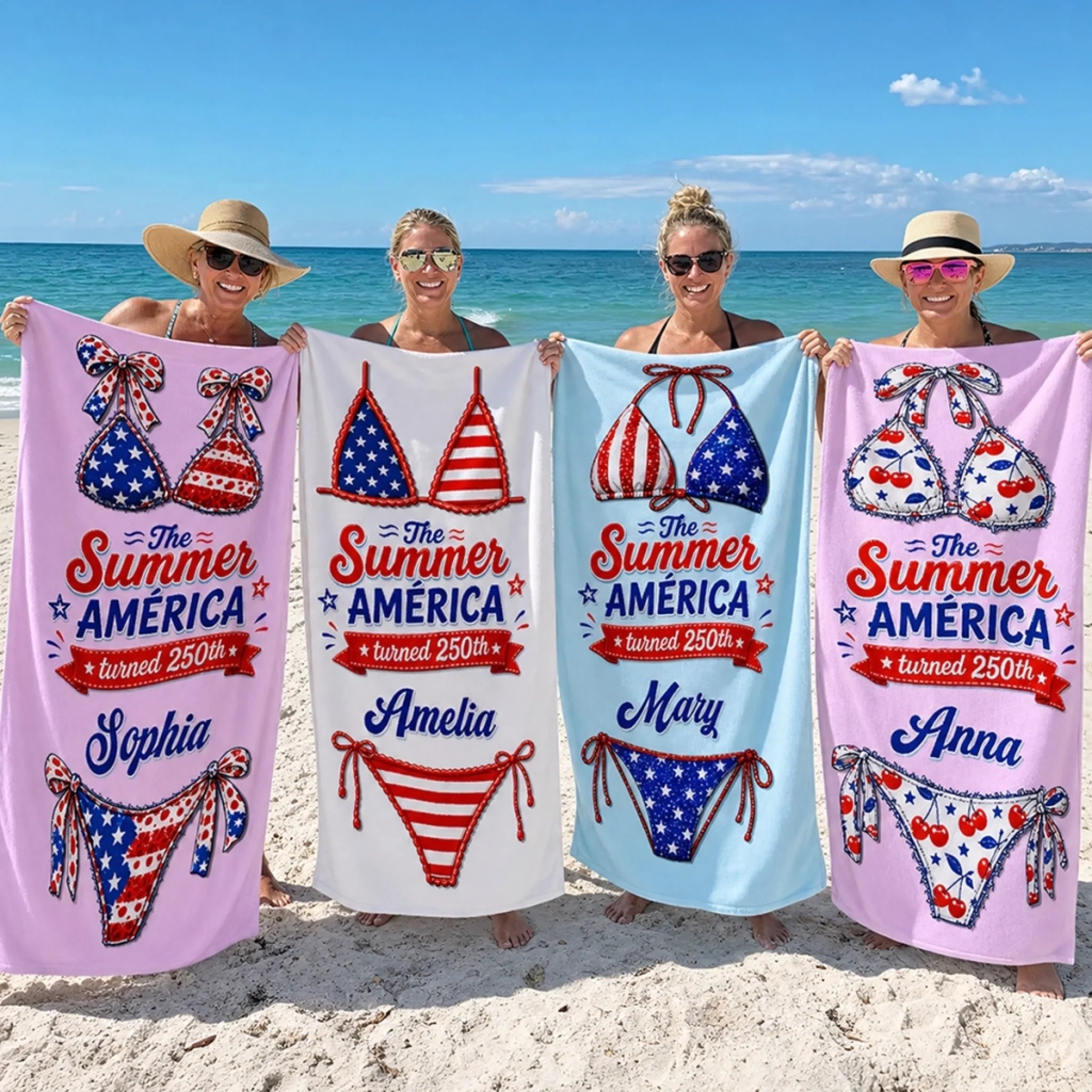 Custom Beach Towel Personalized America 250th Anniversary Stars Stripes Sunshine Summer Travel Gift