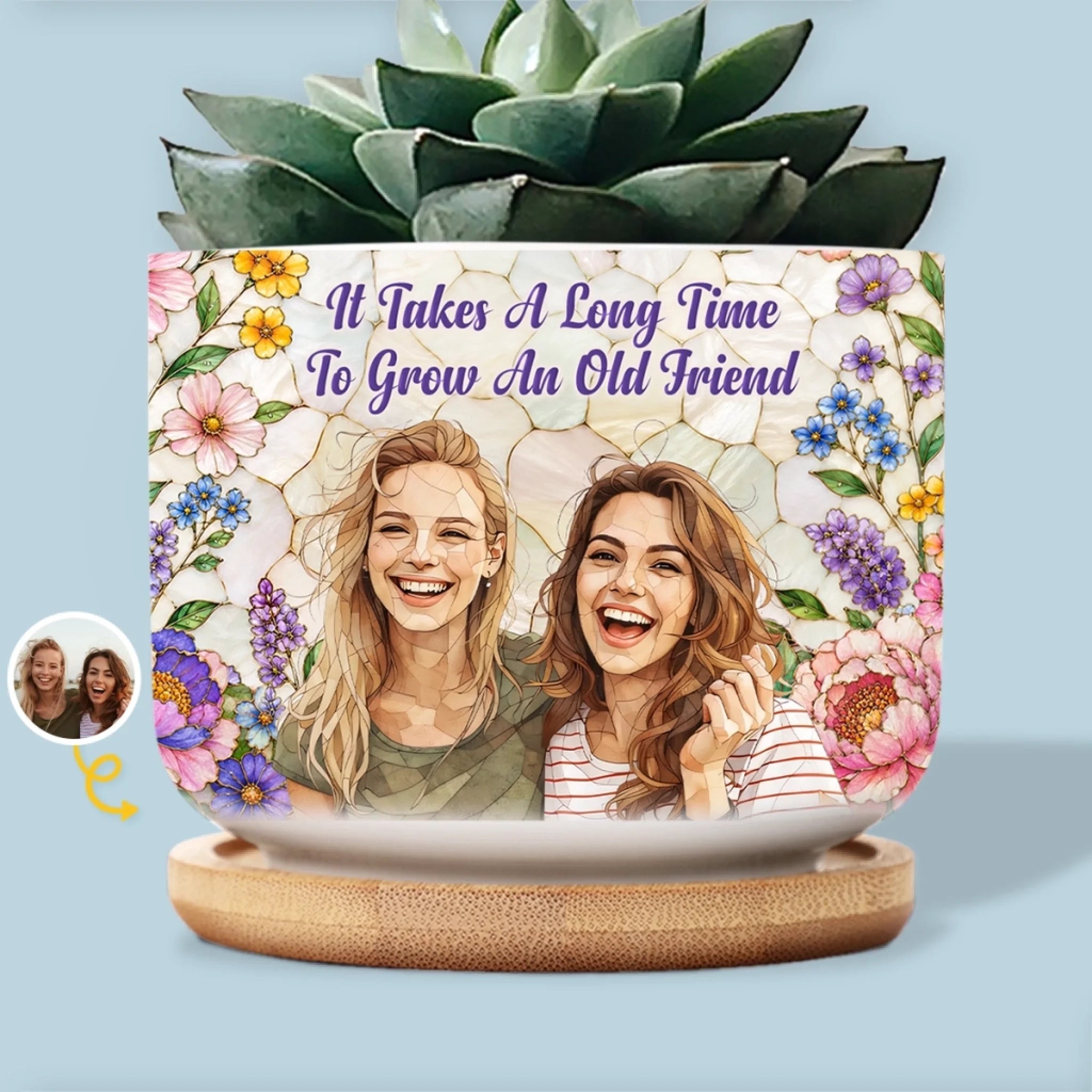Custom Photo Stained Glass Ceramic Plant Pot Personalized Best Friend Birthday Gift for Women