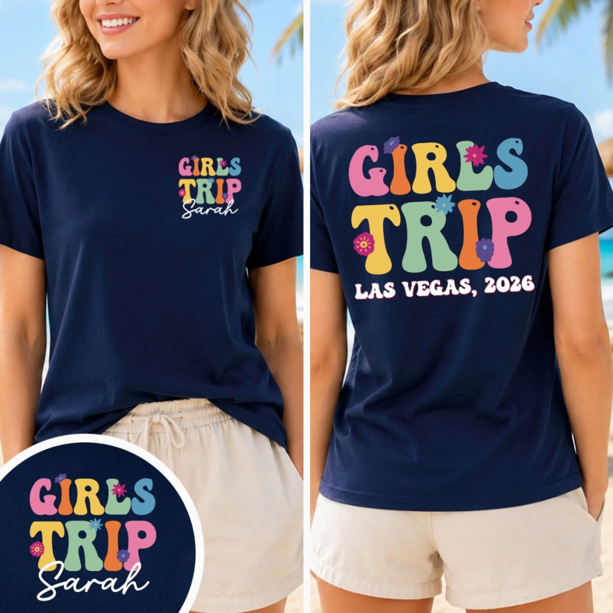 Custom Unisex T-Shirt Casino Lights Bestie Nights Personalized Summer Vacation Travel Gift