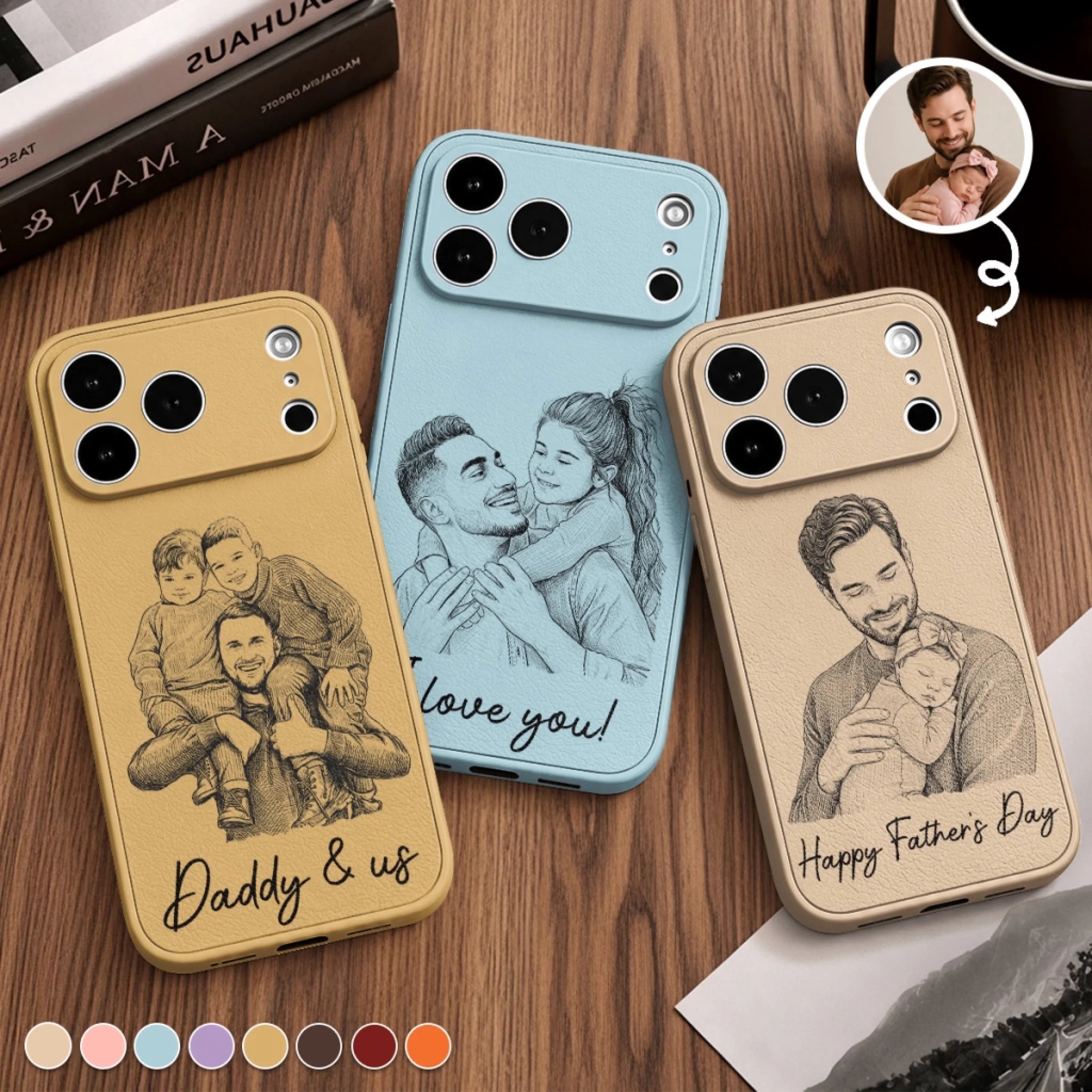 Custom Photo Leather Phone Case Personalized Father's Day Birthday Gift for Dad or Grandpa