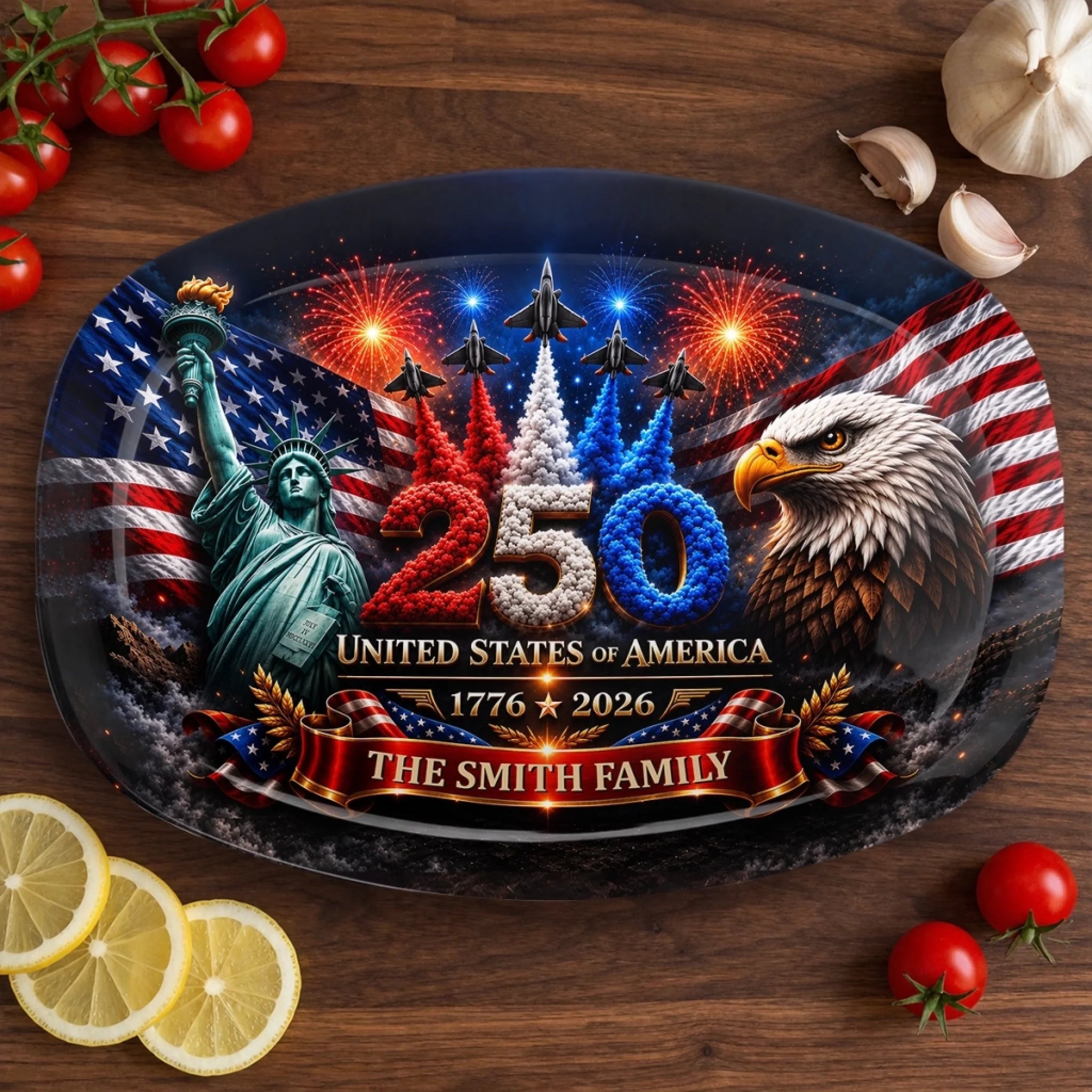 Custom Platter Personalized America 250th Anniversary Gift for Family Stars Stripes Serveware