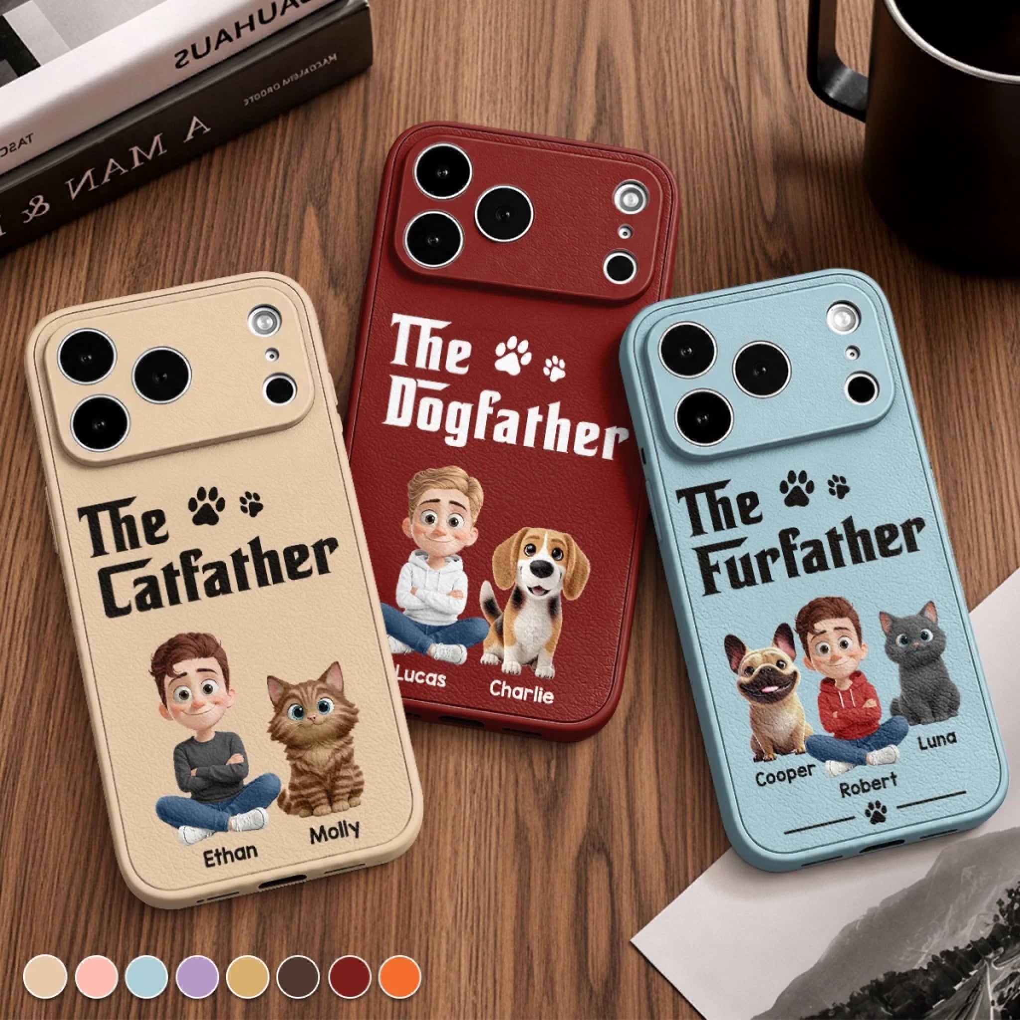 Custom Leather Phone Case Personalized Gift for Dog and Cat Lovers, Dog Dad, Cat Mom, Birthday or Father's Day