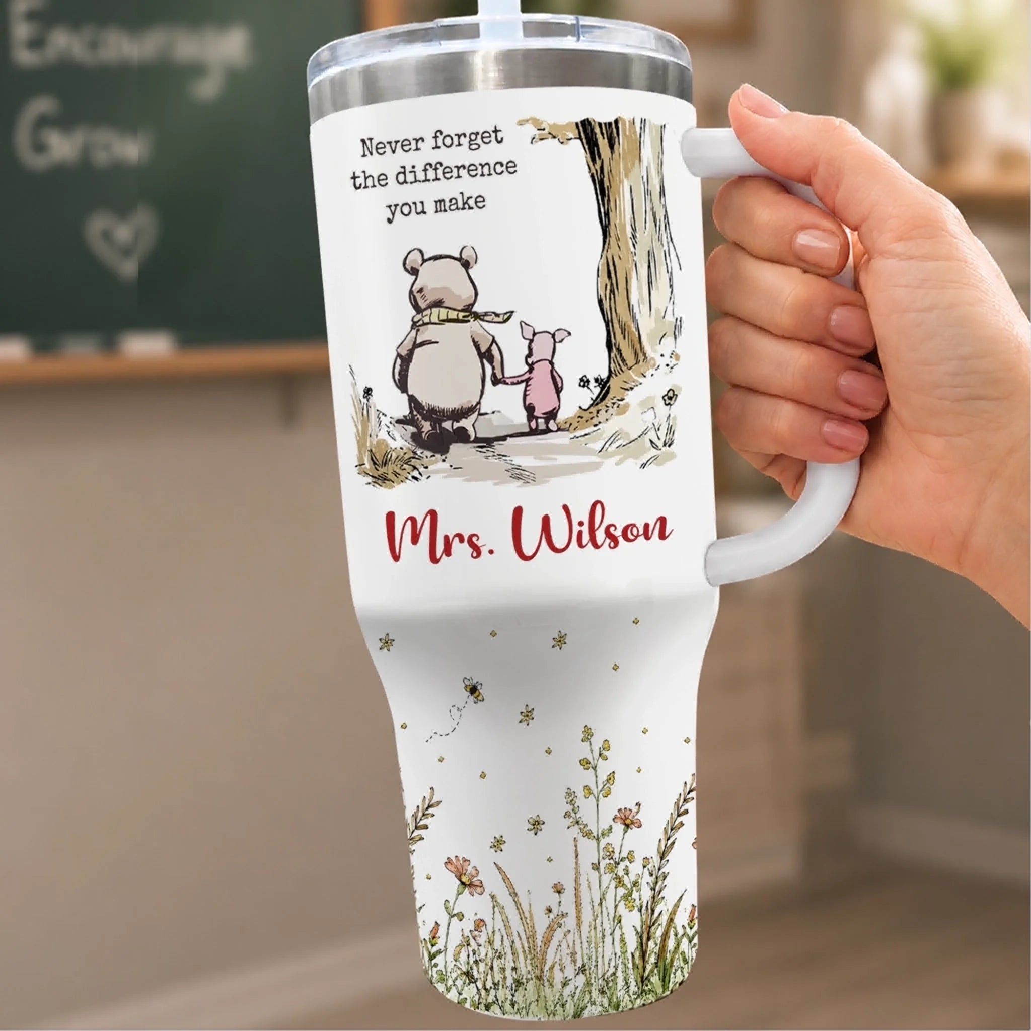 Custom 40 Oz Stainless Steel Tumbler With Handle, Personalized Teacher Birthday Gift With Heart and Gratitude