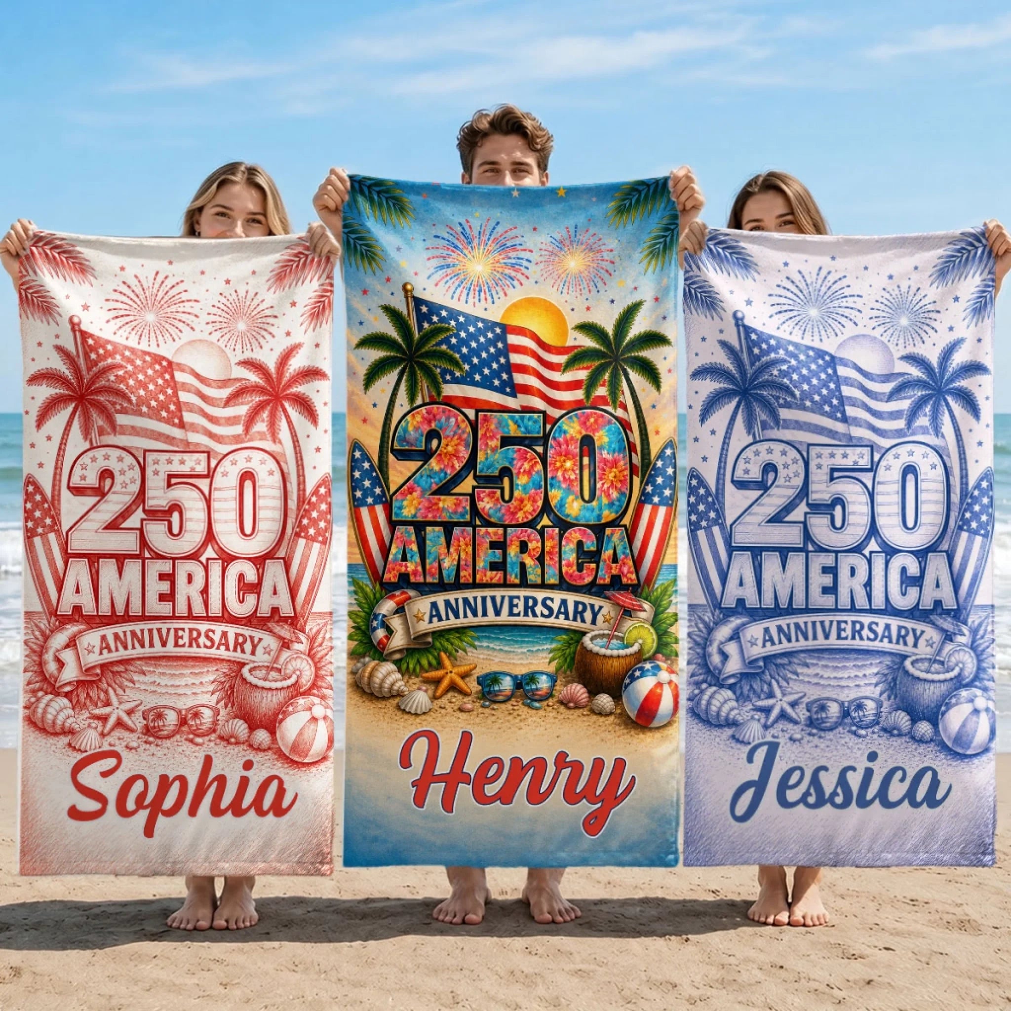 Custom Beach Towel Personalized America 250th Anniversary Stars Stripes Freedom Forever Travel Gift