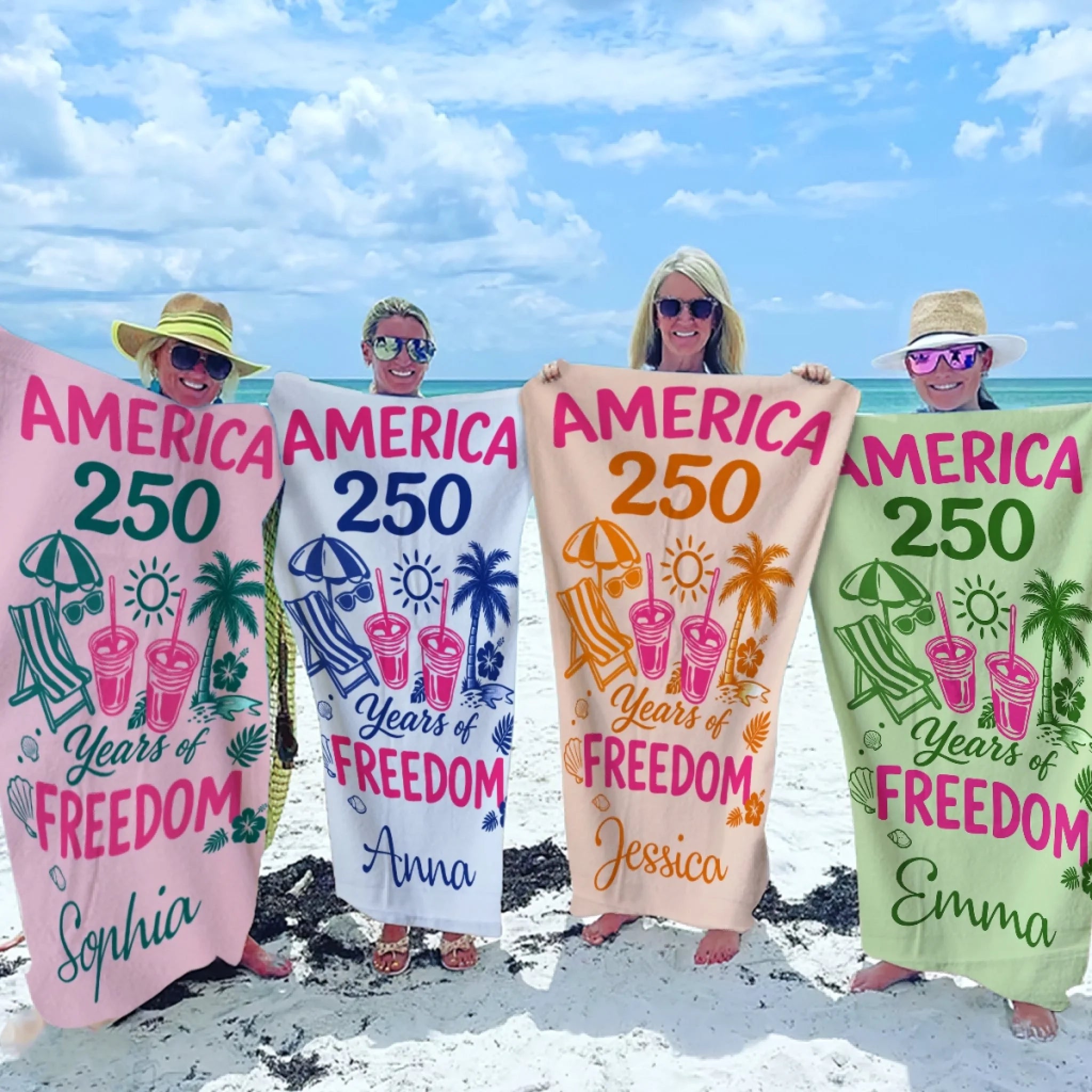 Custom Beach Towel Personalized America 250th Anniversary Summer Vacation Travel Gift for Family