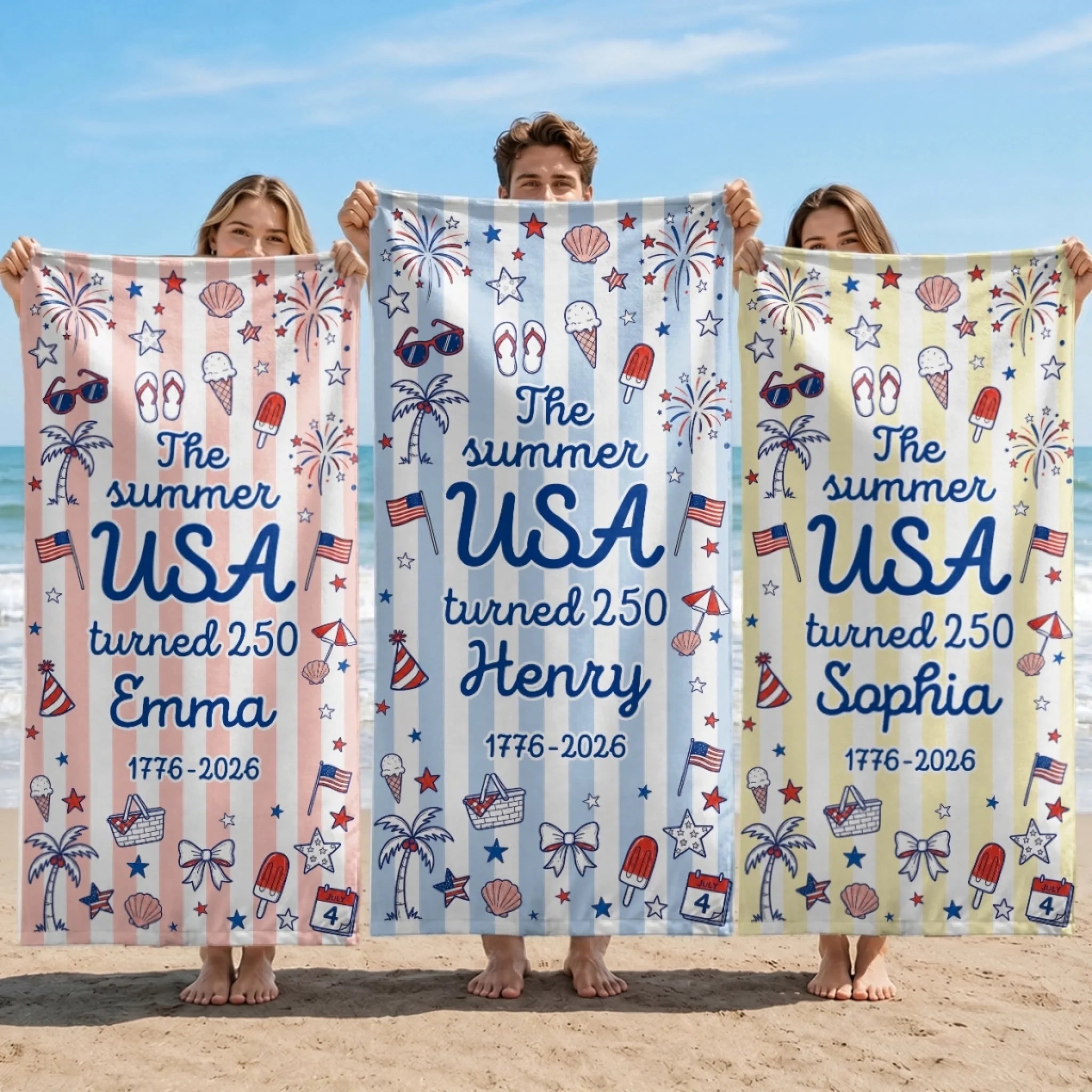 Custom Beach Towel Personalized America 250th Anniversary Summer Travel Gift for Family