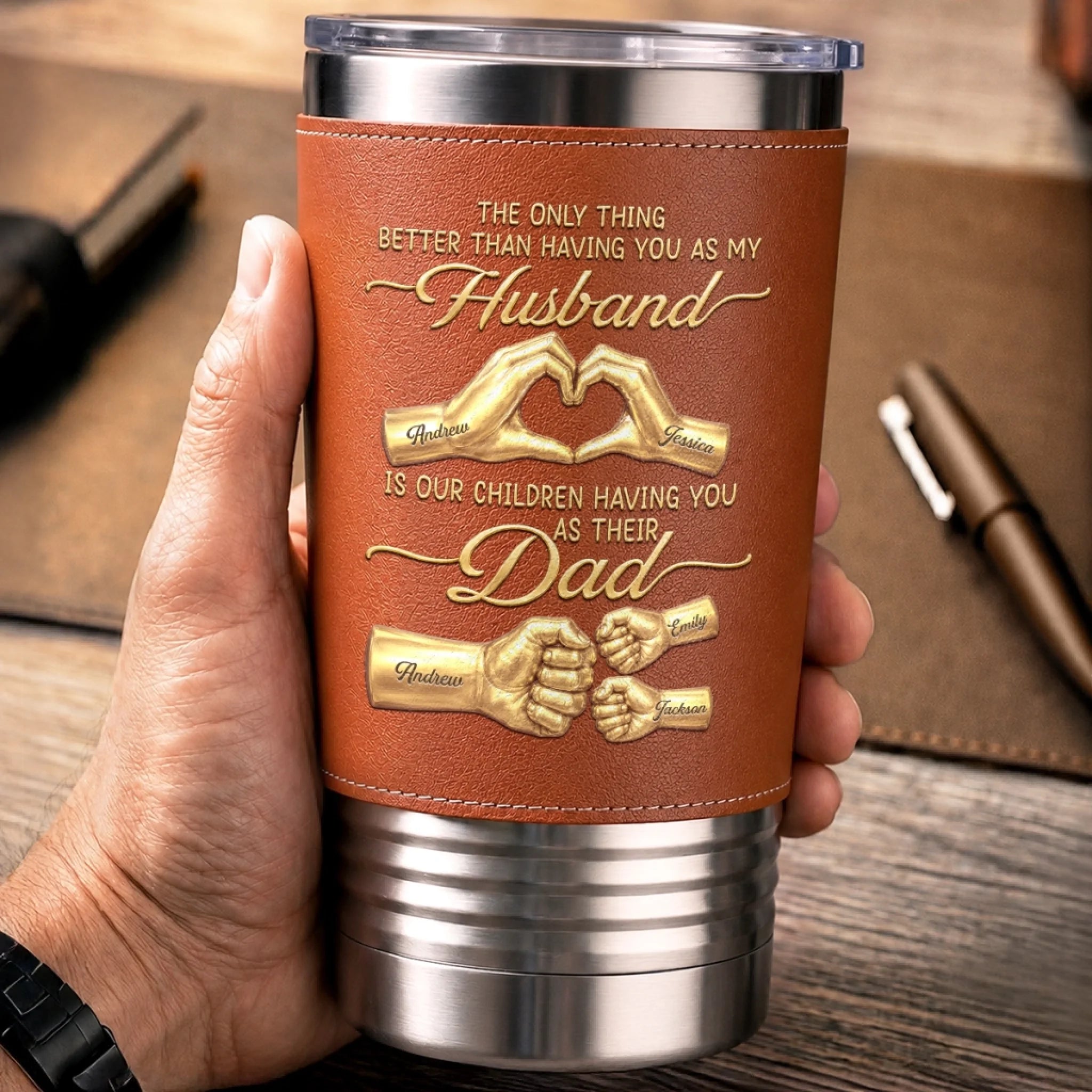 Custom Printed Leather Tumbler Personalized Father's Day or Birthday Gift for Dad and Grandpa