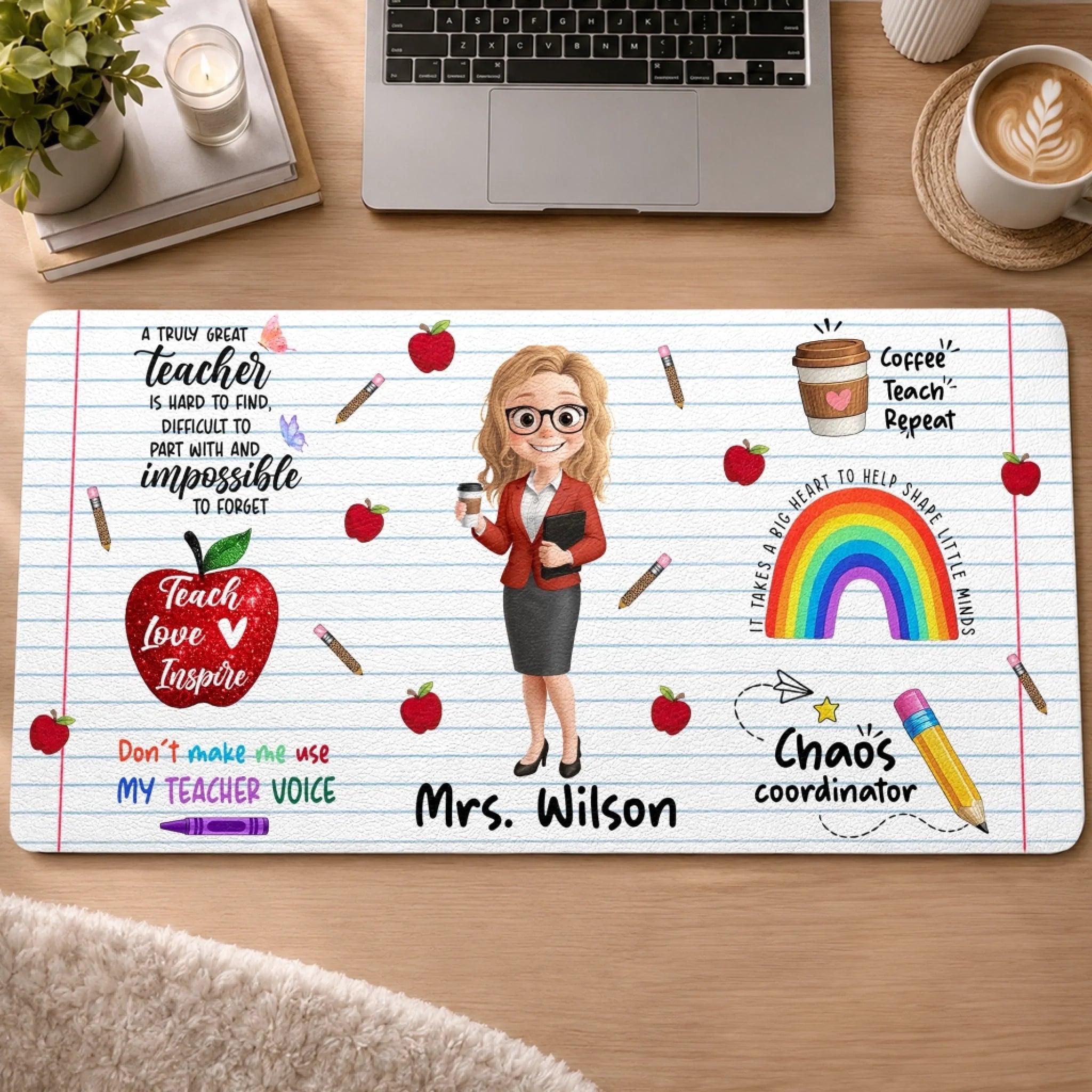Custom Desk Mat Personalized Birthday Gift for Teachers, Coffee Teach Repeat Desk Mat
