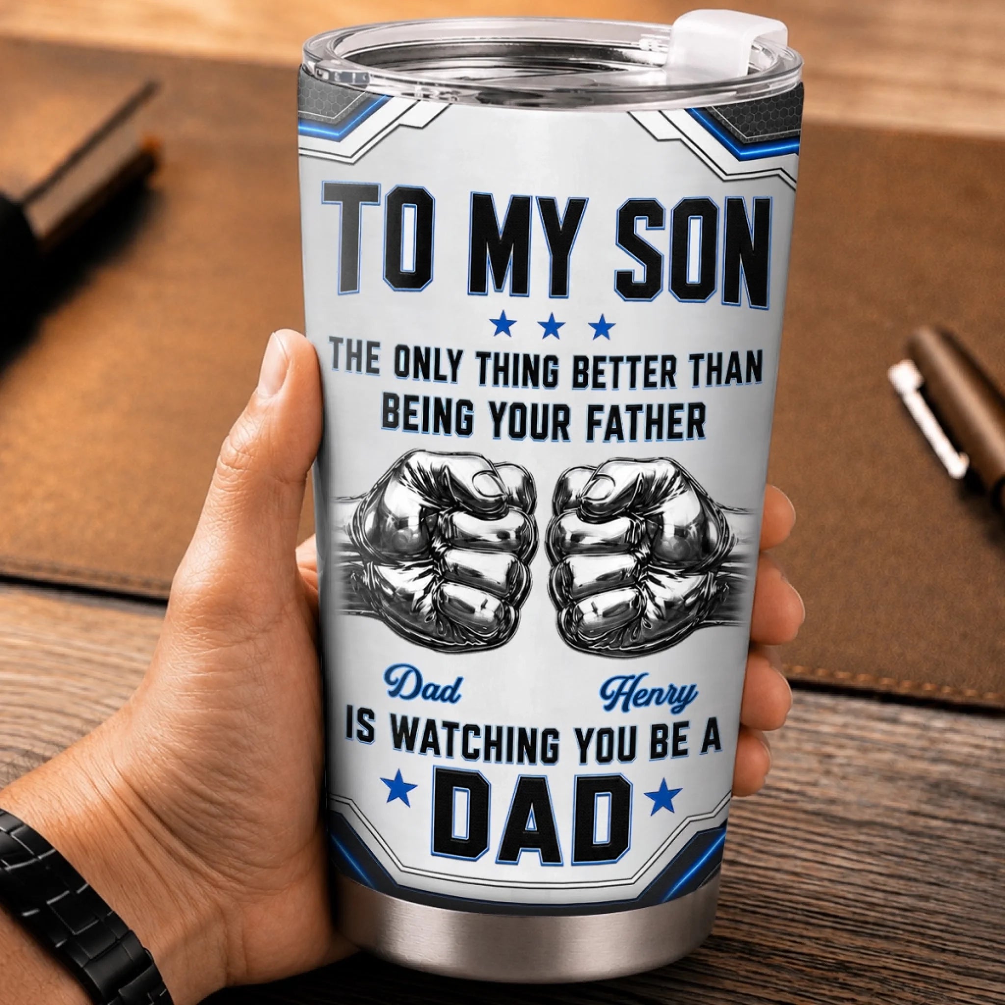 Custom Tumbler Personalized Father's Day or Birthday Gift for Son Strong Brave and Kind Always