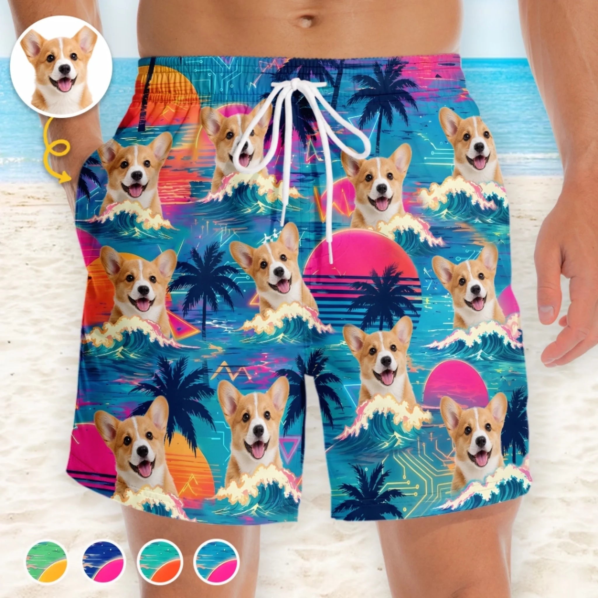 Custom Photo Tropical Hawaiian Aloha Men Beach Shorts, Personalized Summer Vacation Gift for Pet Lovers