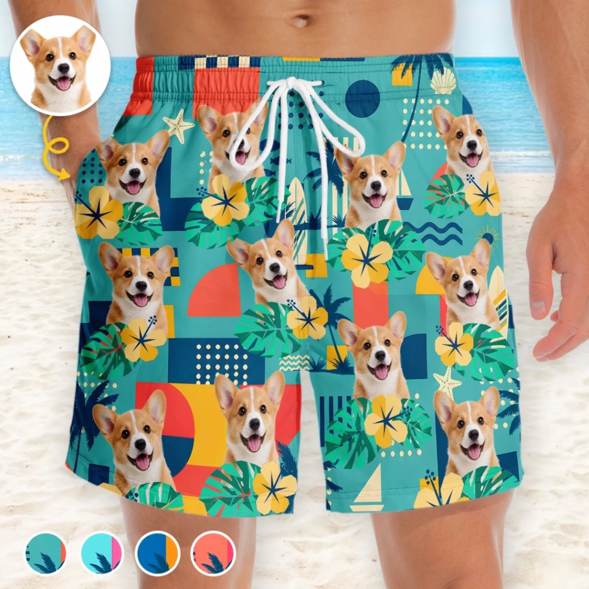 Custom Photo Tropical Hawaiian Aloha Men Beach Shorts, Personalized Summer Vacation Gift for Dog and Cat Lovers