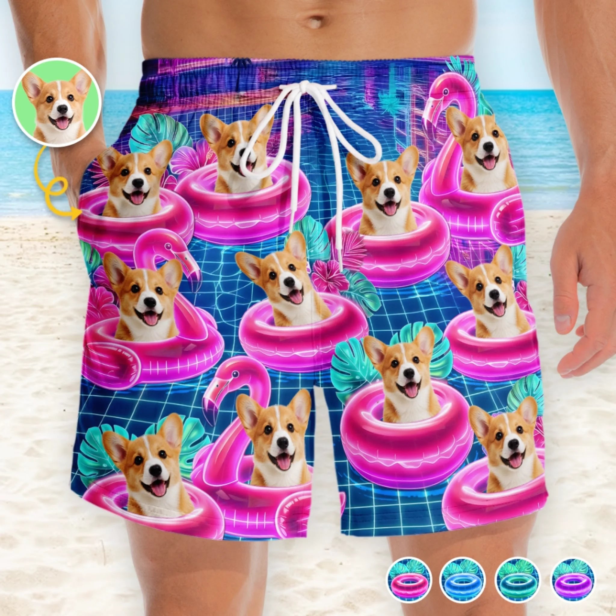 Custom Photo Tropical Hawaiian Aloha Men Beach Shorts, Personalized Summer Vacation Gift for Pet Lovers