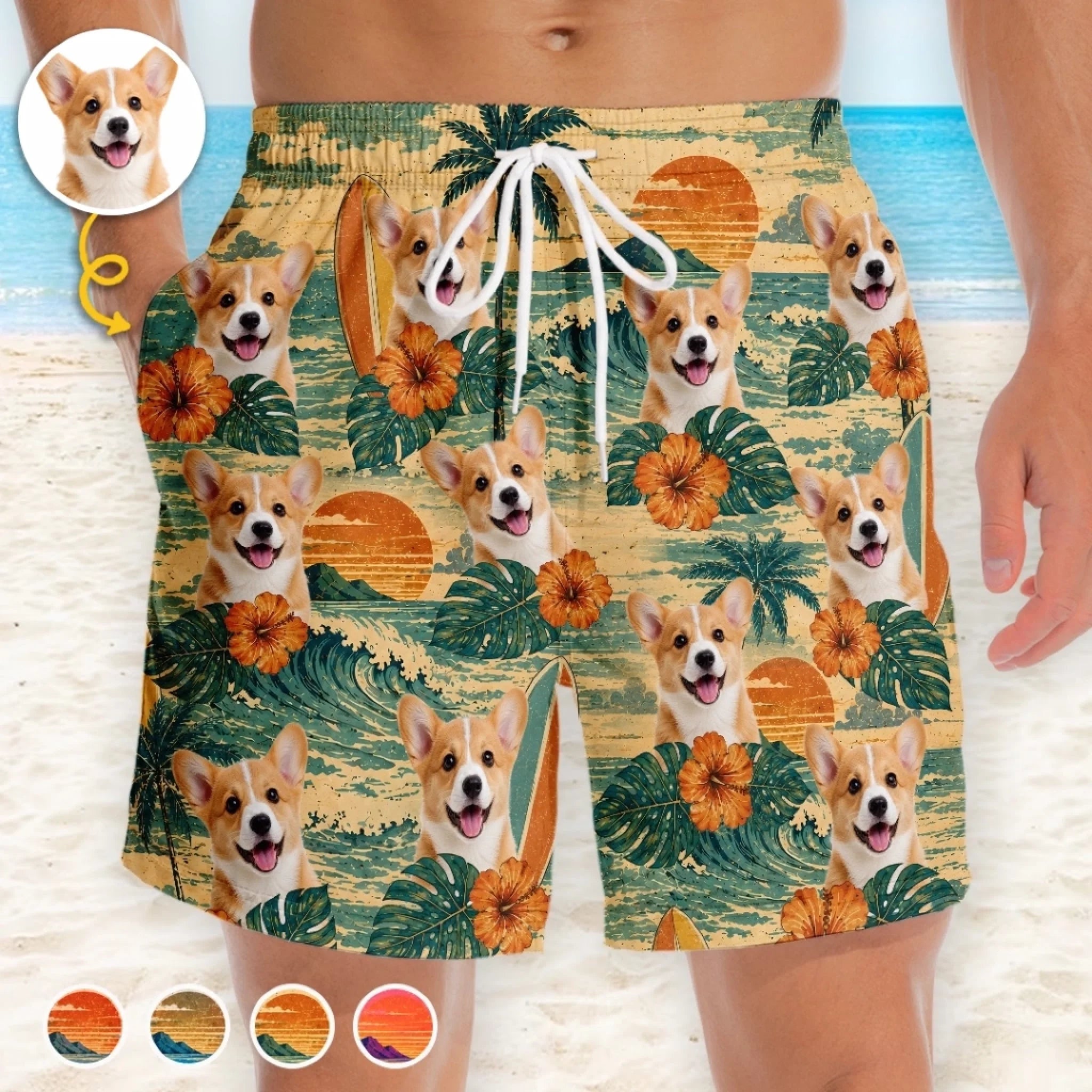 Custom Photo Tropical Hawaiian Aloha Men’s Beach Shorts, Personalized Vacation Gift for Dog Cat Lovers