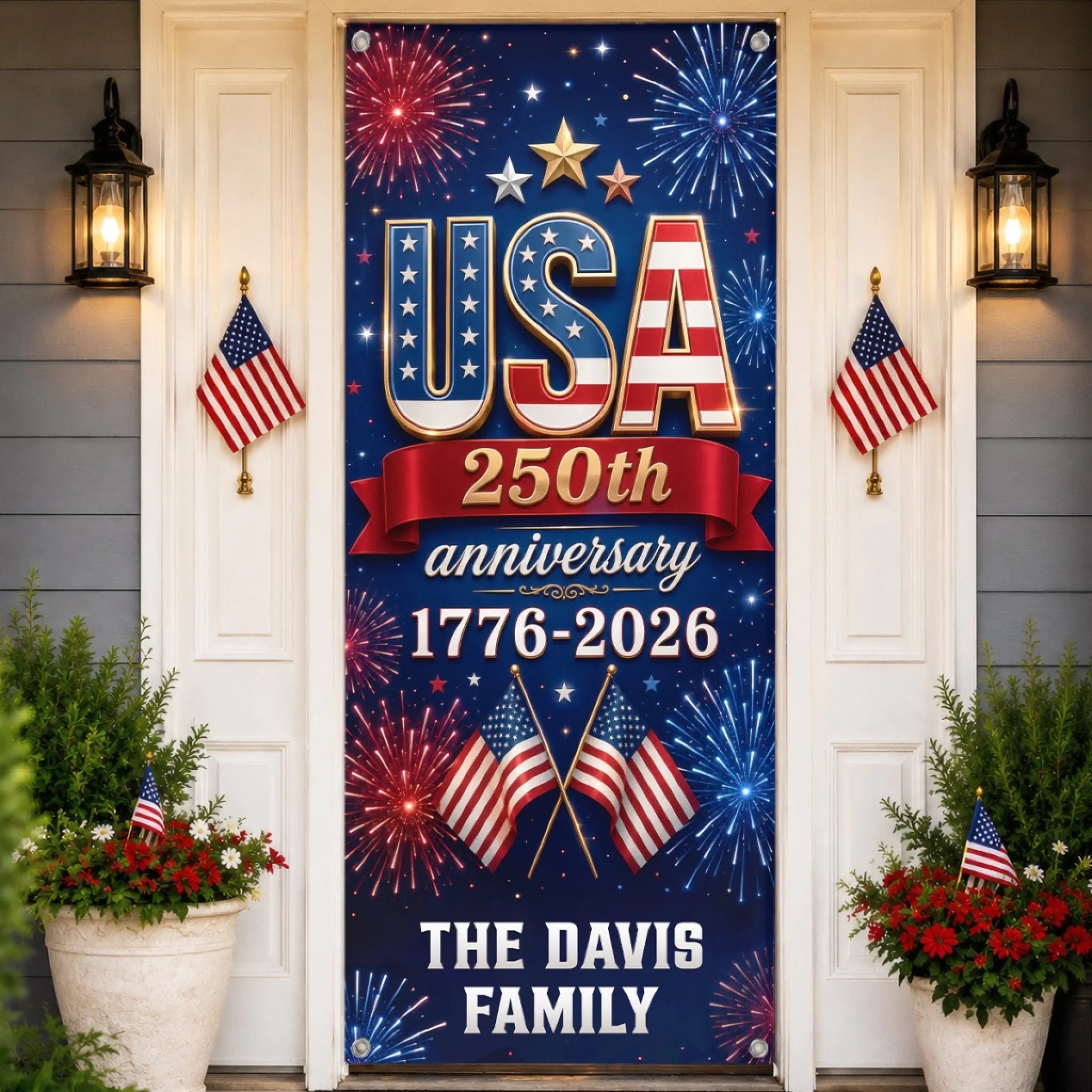 Custom Door Cover Personalized America 250th Anniversary Gift for Family Stars Stripes Proud Hearts