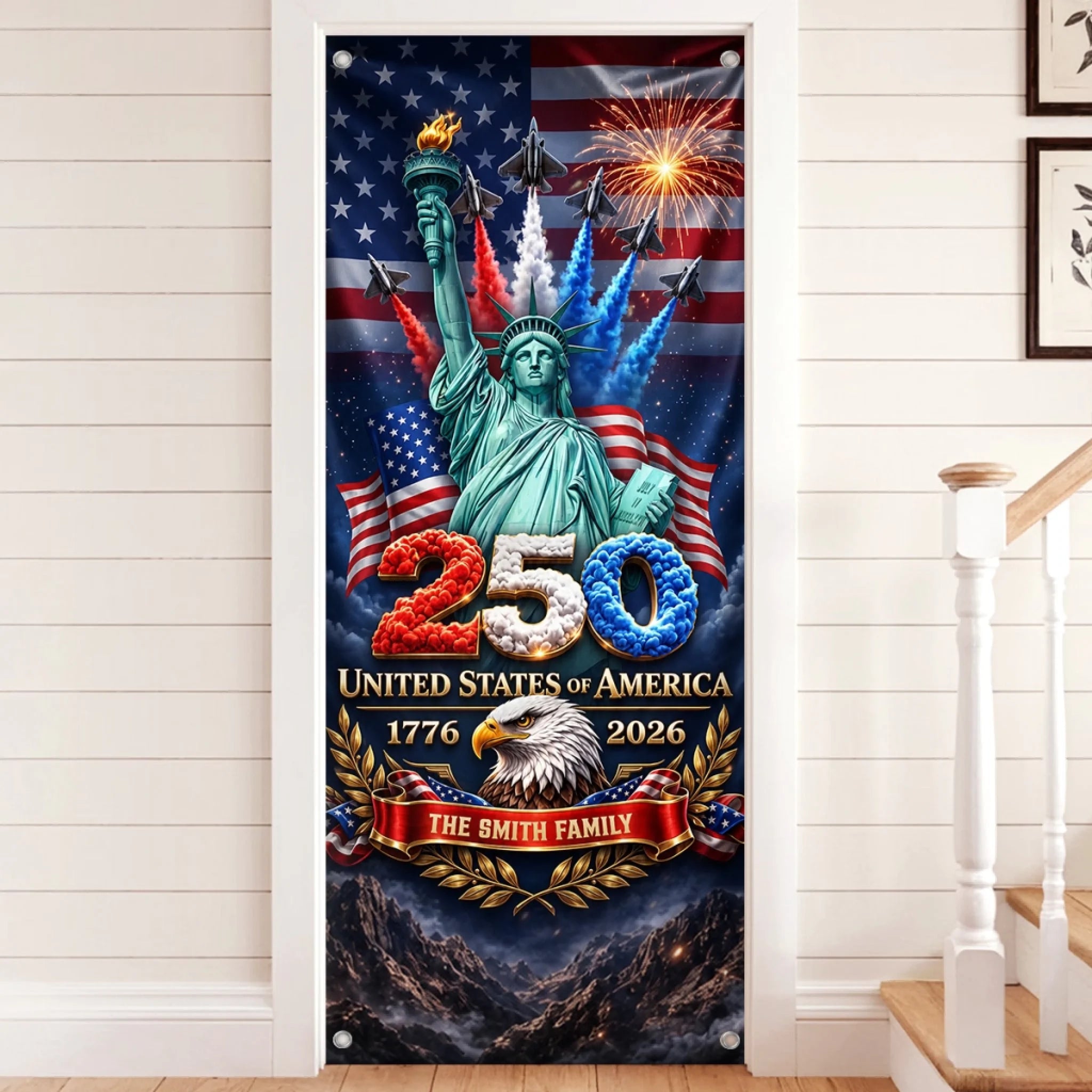 Custom America 250th Anniversary Door Cover, Personalized Land of Liberty Family Gift