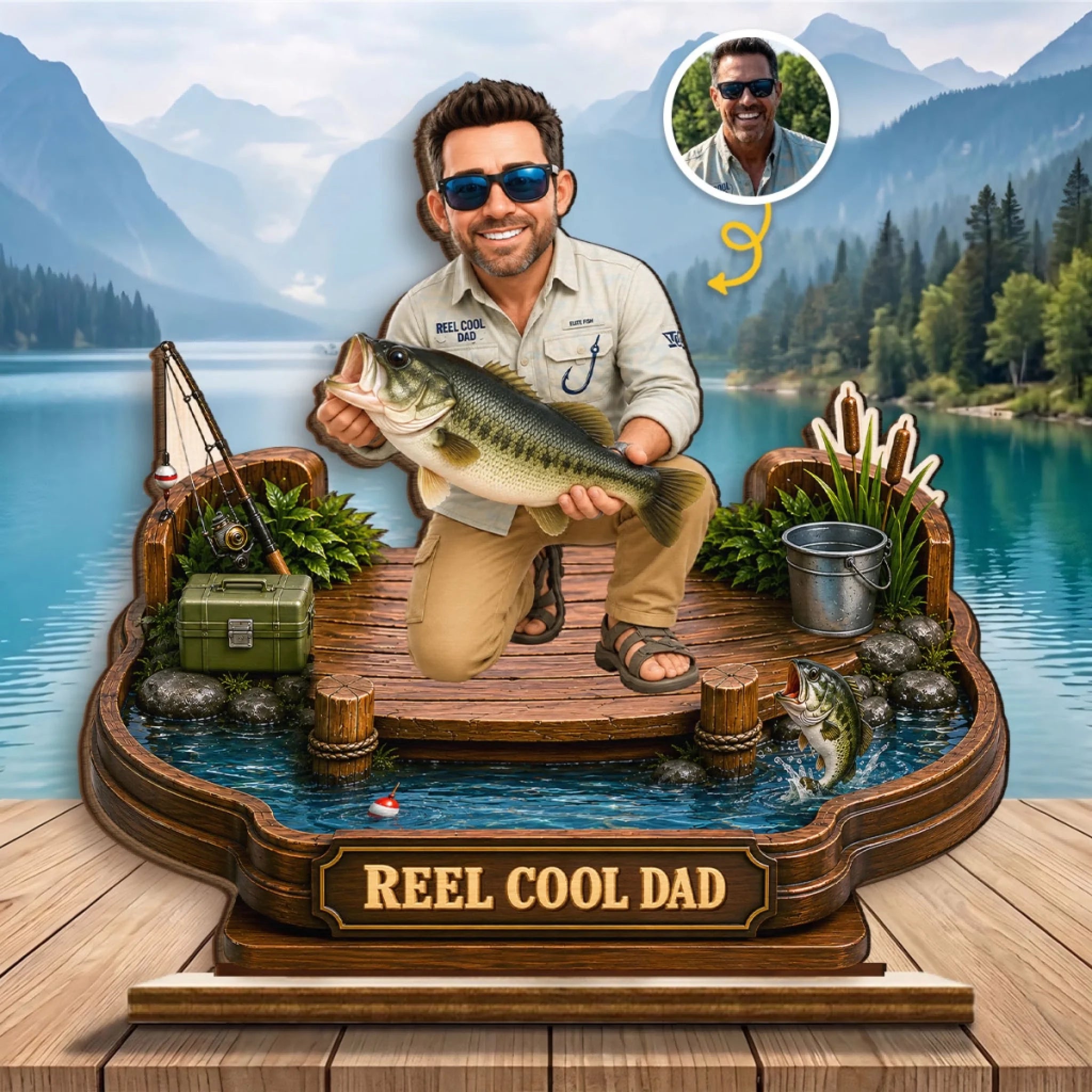 Custom Photo 2-Layered Wooden Plaque, Personalized Father's Day Fishing Gift for Dad or Grandpa