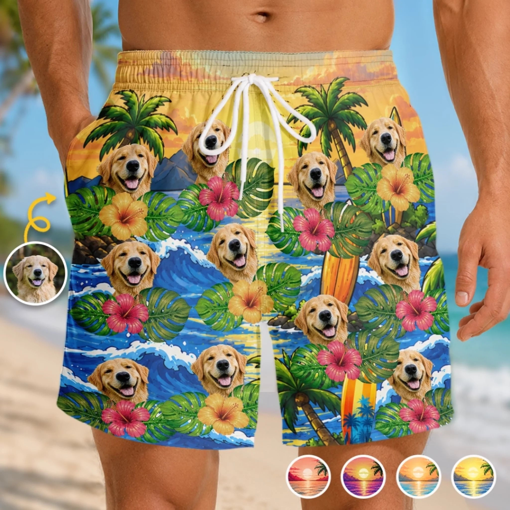 Custom Photo Funny Caricature Hawaiian Aloha Men’s Beach Shorts, Personalized Pet Lover Gift