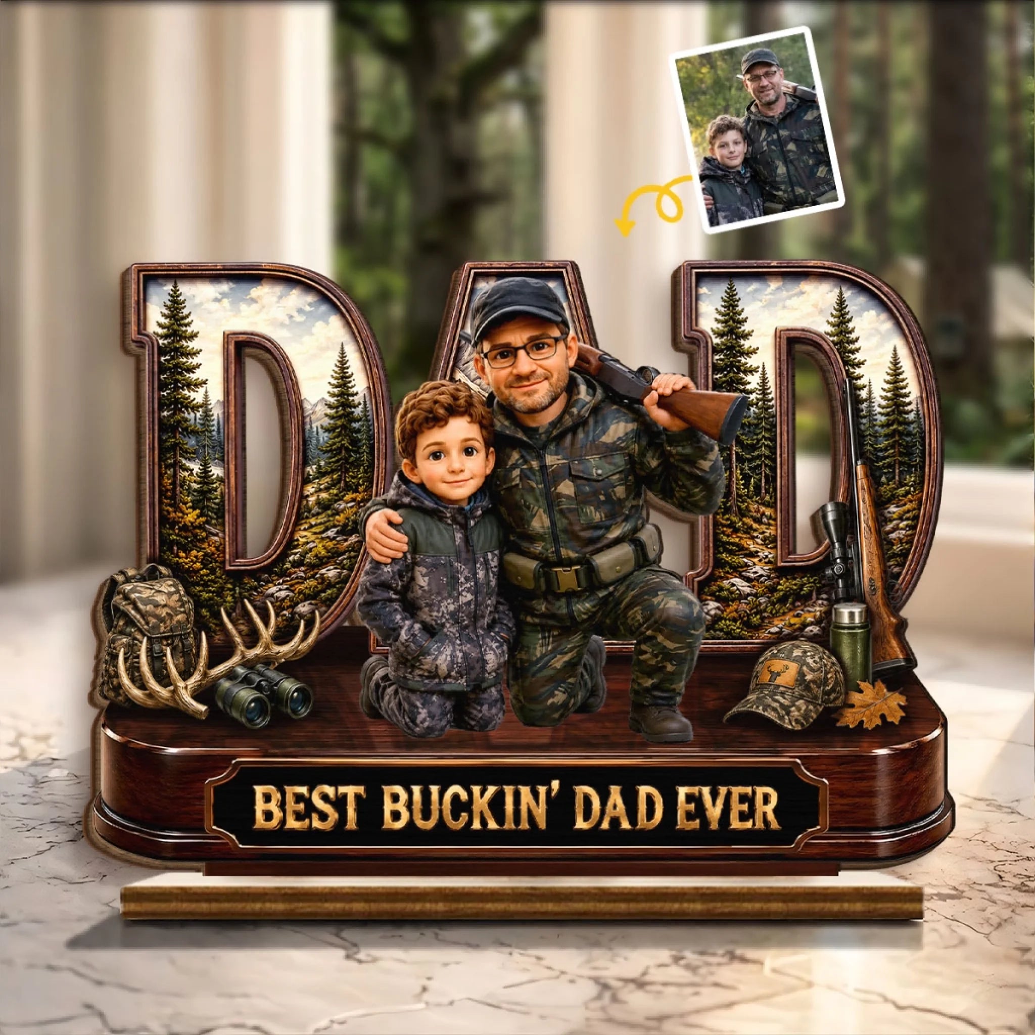Personalized Photo 2-Layer Wooden Plaque With Stand Hunting Birthday Gift for Dad or Grandpa