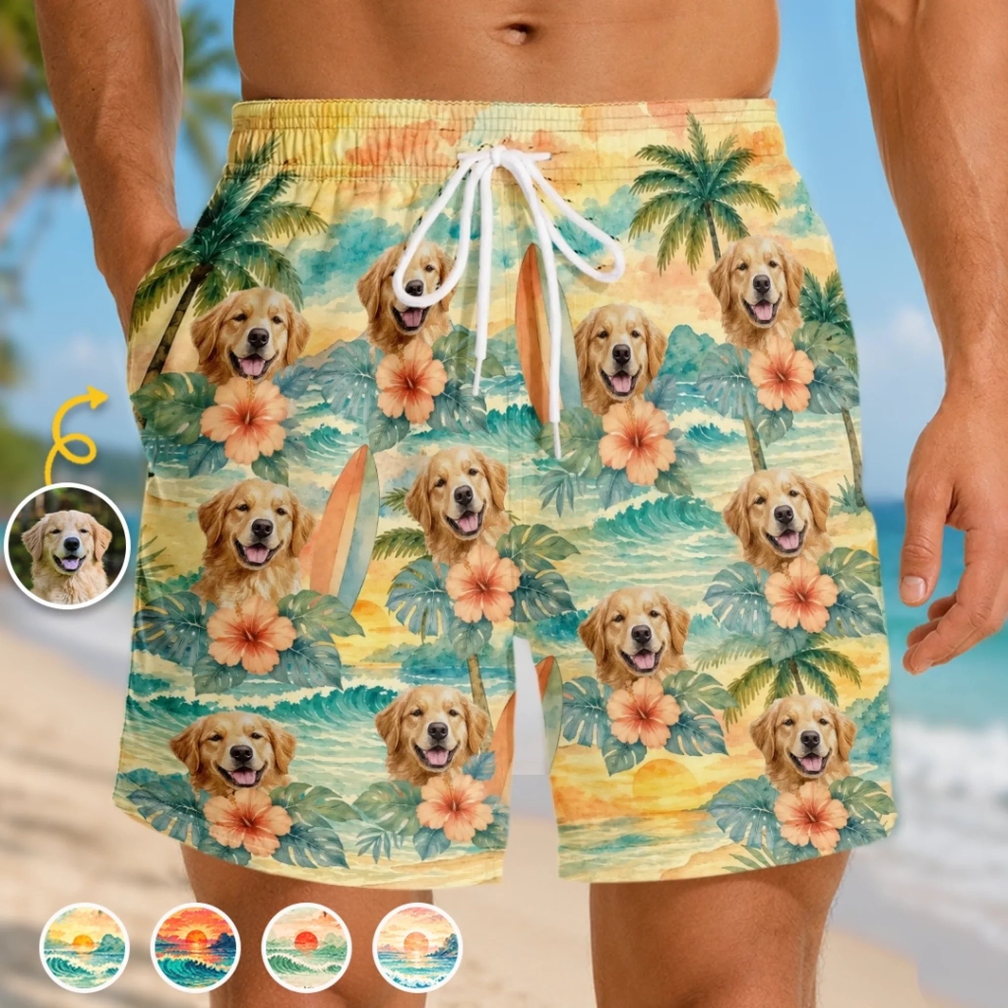 Custom Photo Tropical Hawaiian Aloha Men Beach Shorts, Personalized Dog Cat Lover Gift