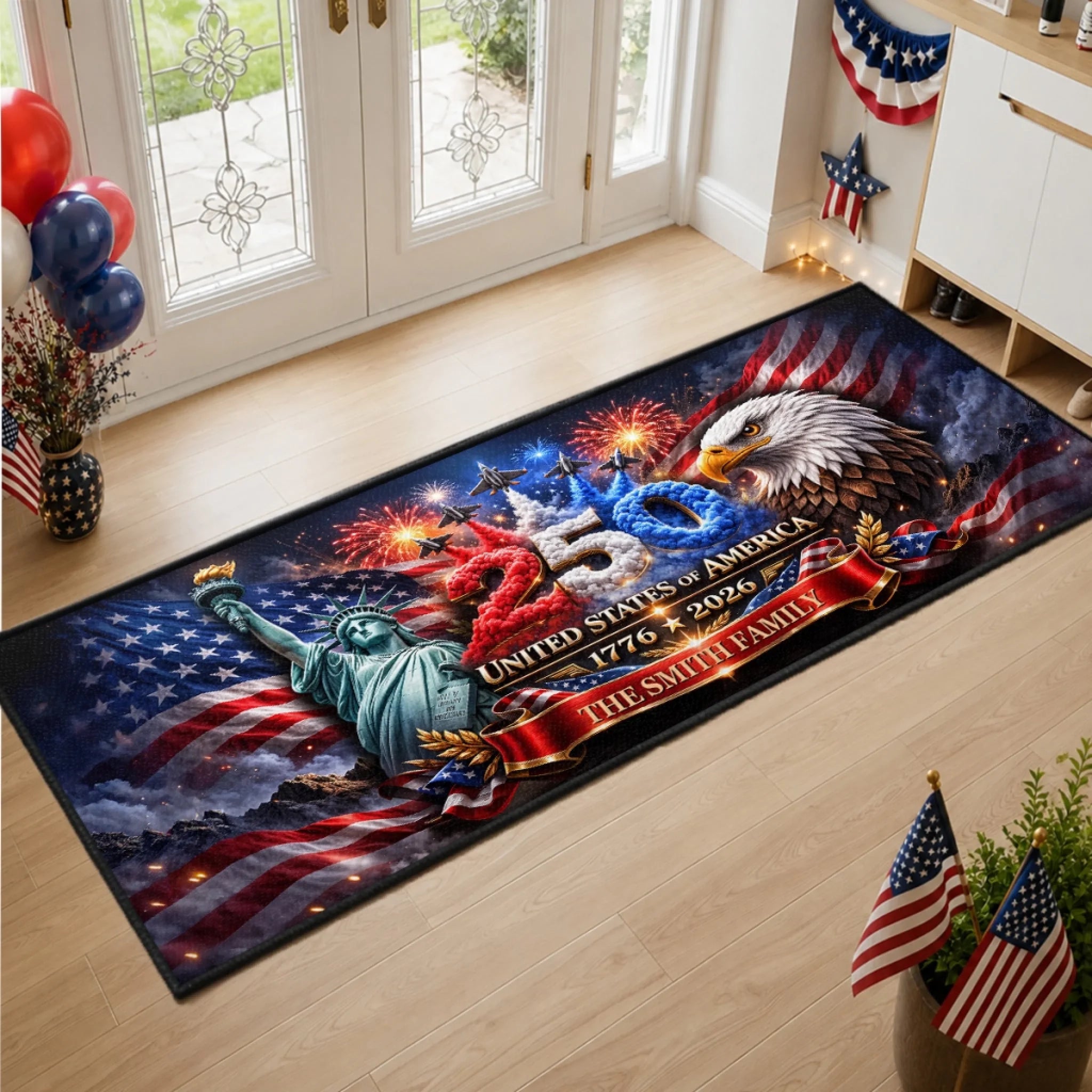 Custom Runner Rug Personalized America 250th Anniversary Gift for Family Stars Stripes Welcome Home