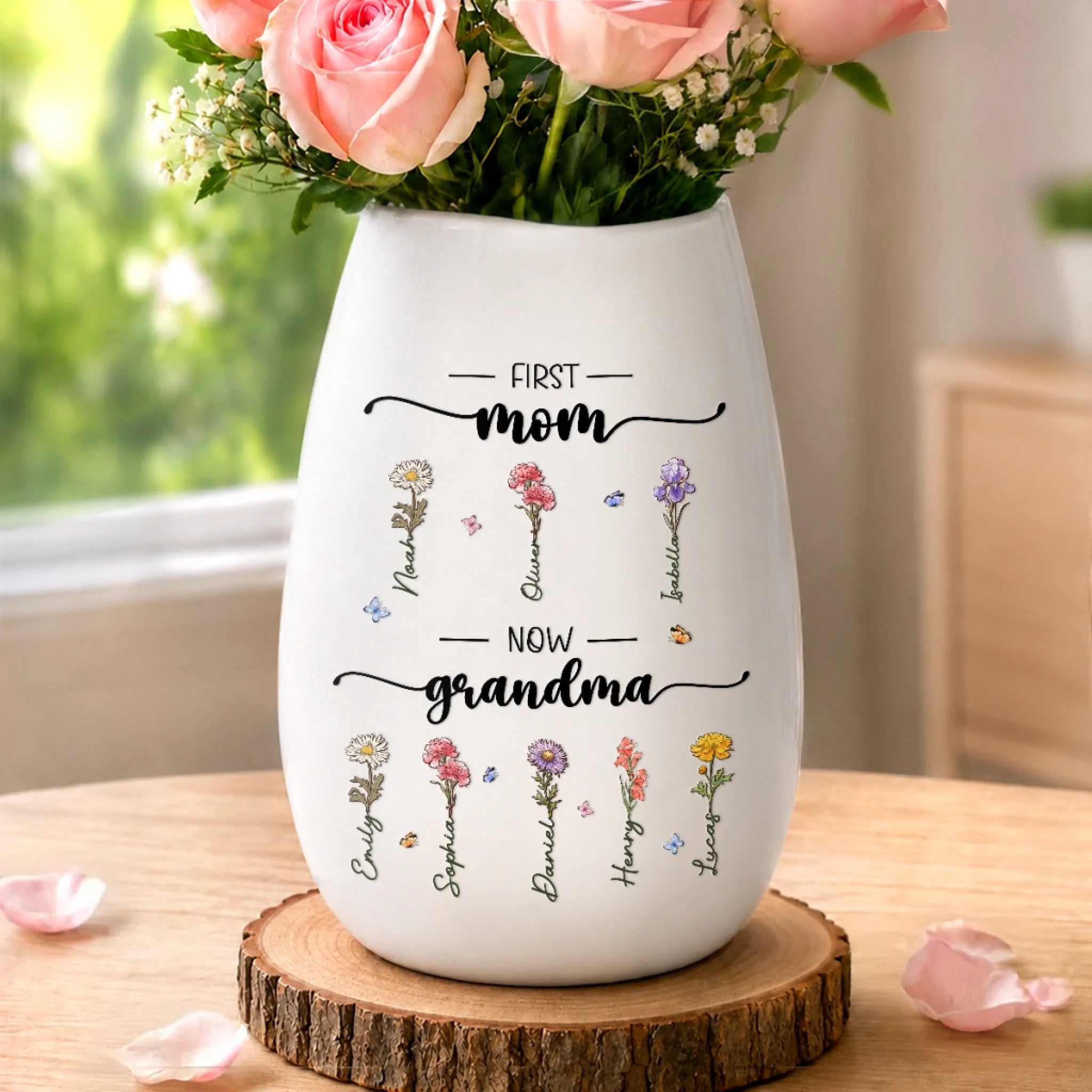 Custom Oval Ceramic Flower Vase Personalized Birthday Gift for Mom or Grandma