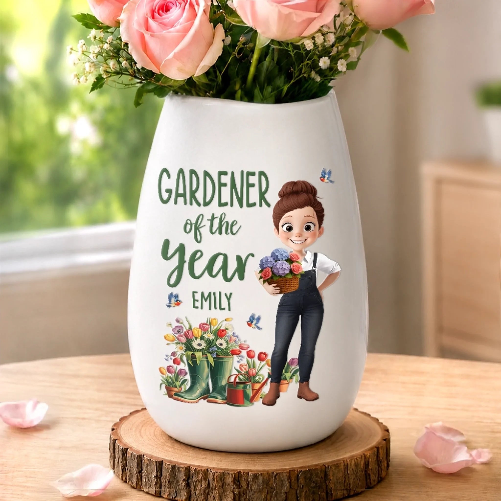 Personalized Oval Ceramic Flower Vase, Custom Birthday Garden Gift for Gardeners