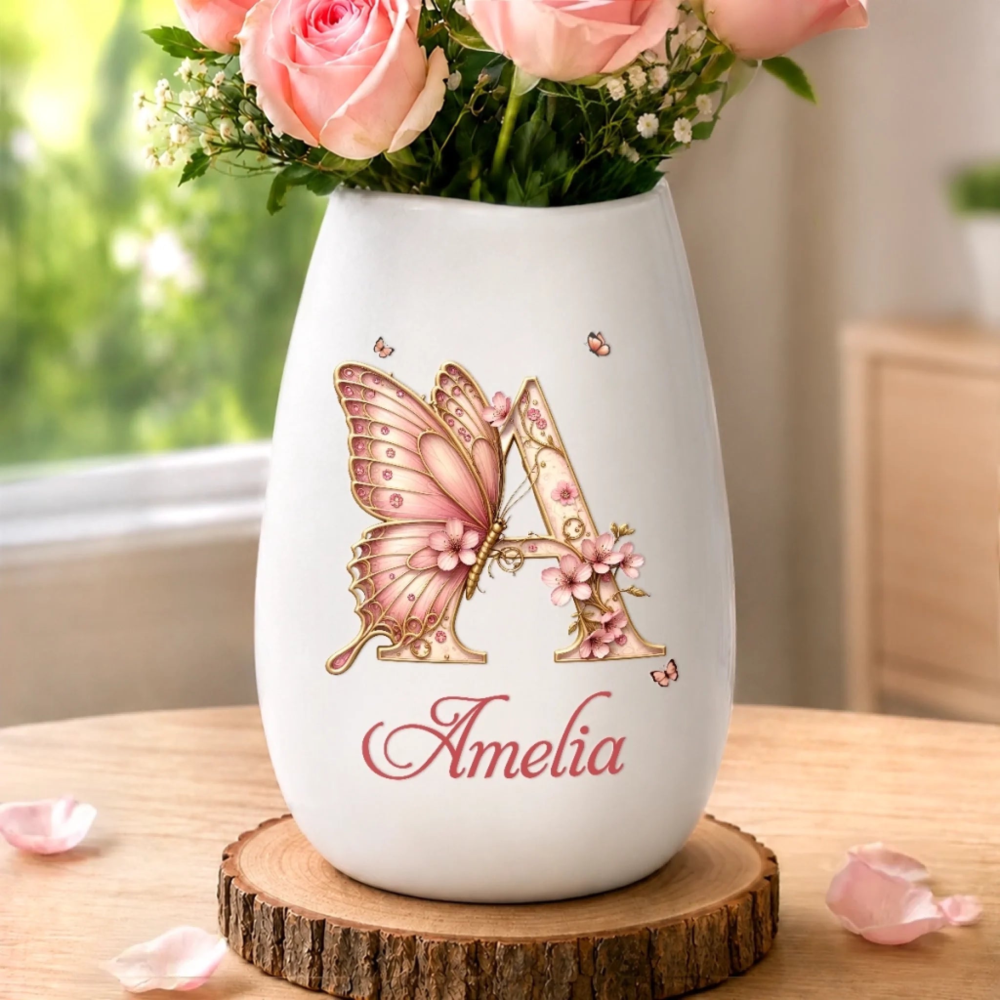 Personalized Oval Ceramic Flower Vase, Best Friend Birthday Gift for Women with Butterfly Floral Design