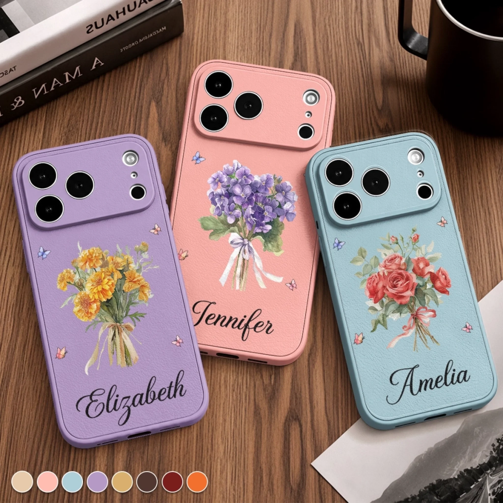 Custom Leather Phone Case, Personalized Bouquet Birthday Gift for Best Friend, Sister, BFF or Daughter