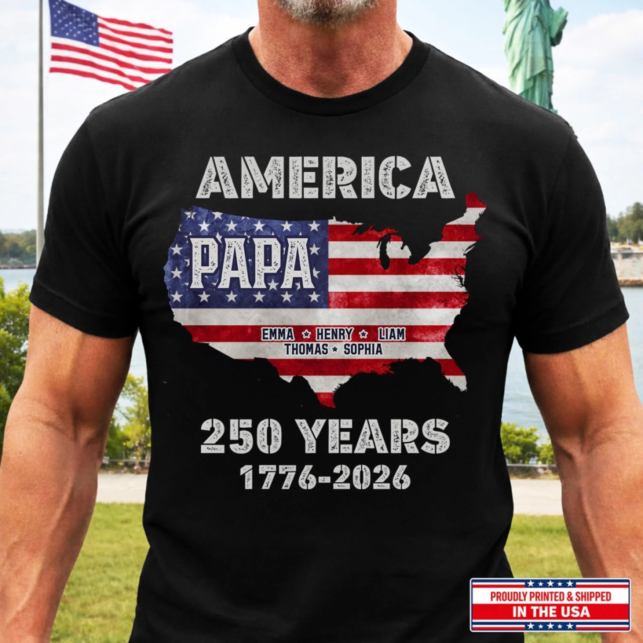 Personalized America 250th Anniversary T-Shirt or Hoodie, Proud Dad Legacy Gift for Dad or Grandpa