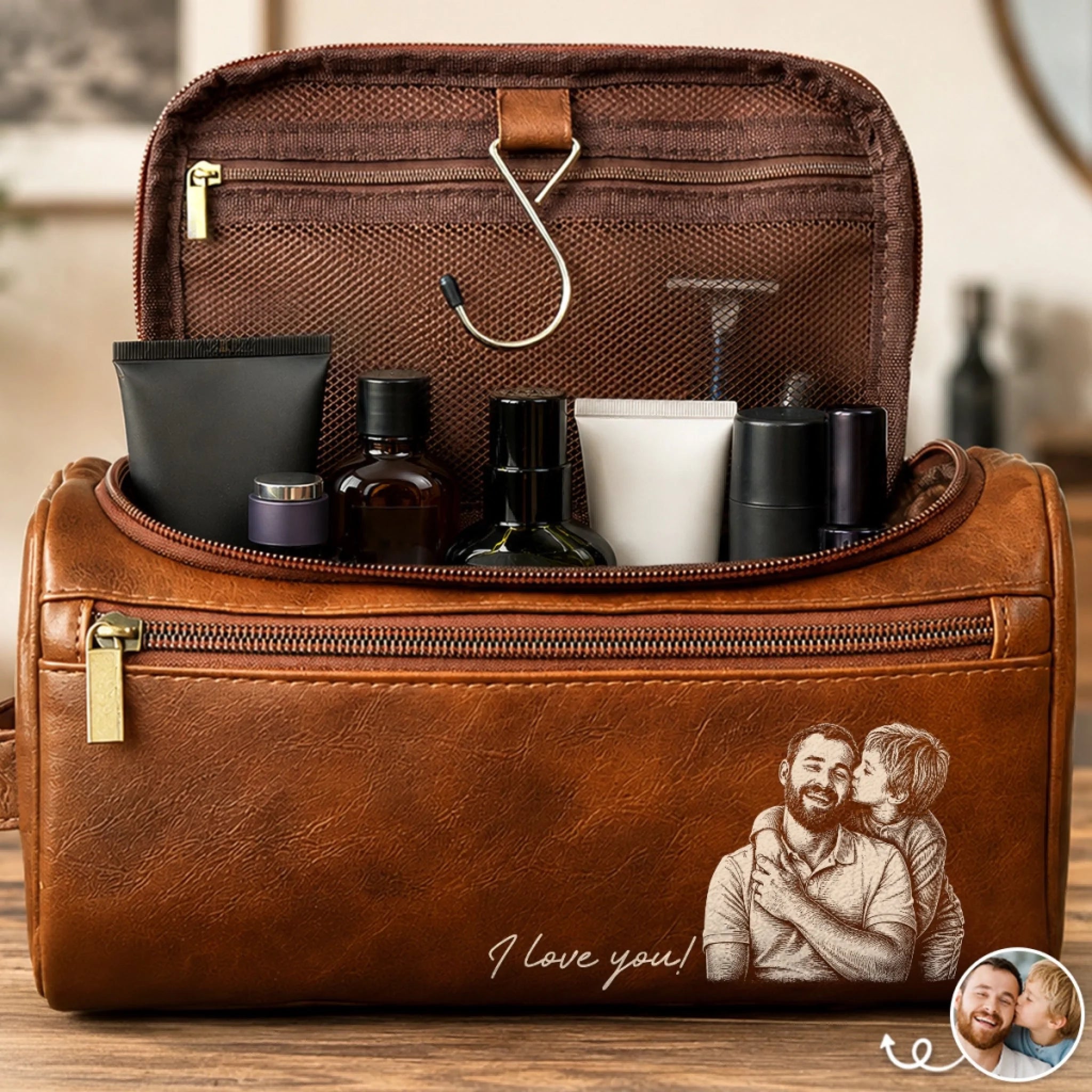 Custom Photo Leather Toiletry Bag for Dad - Personalized Father's Day Gift, Dad Makes Every Day Better