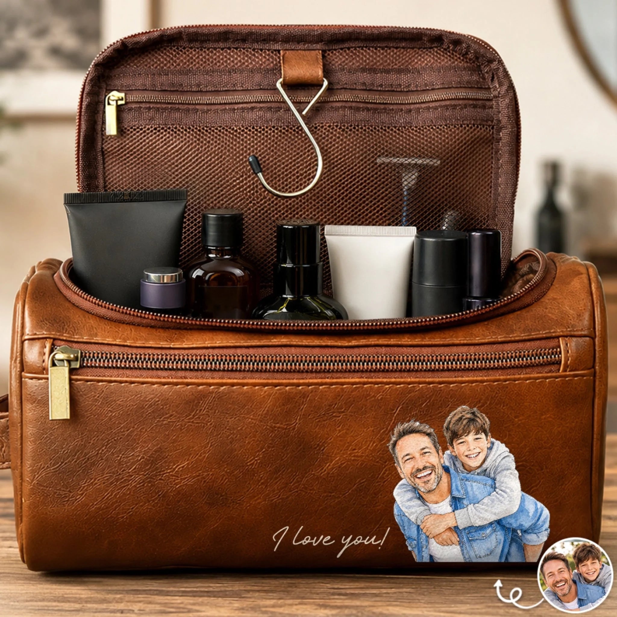 Custom Photo Leather Toiletry Bag Personalized Father’s Day Birthday Gift for Dad or Grandpa