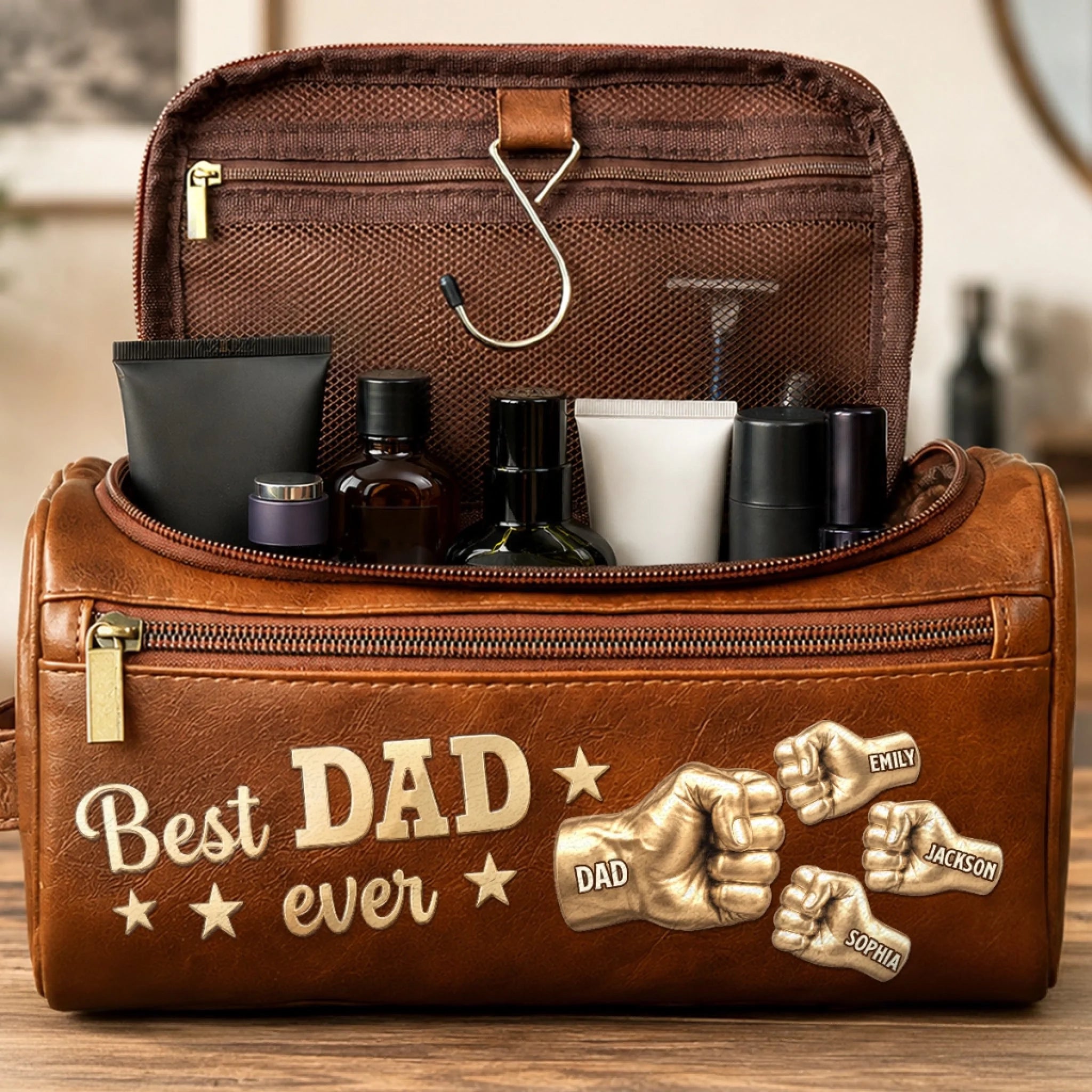 Personalized Leather Toiletry Bag for Dad or Grandpa, Custom Father’s Day Birthday Gift