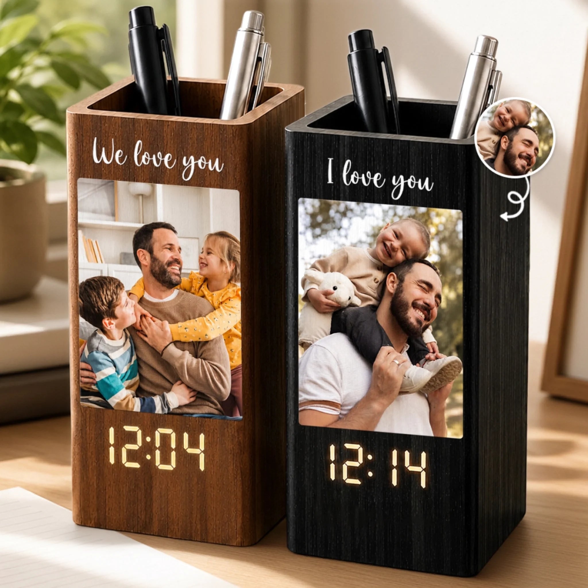 Custom Photo Pen Holder With Clock Personalized Father’s Day Birthday Gift for Dad or Grandpa